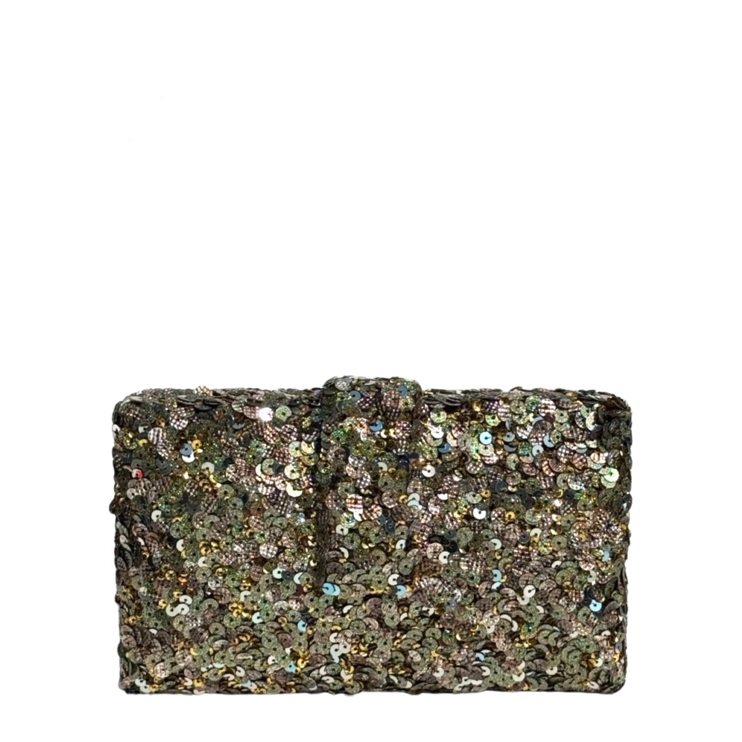 A rectangular clutch bag covered in dense, iridescent sequins, featuring a small top clasp and photographed against a solid white background.