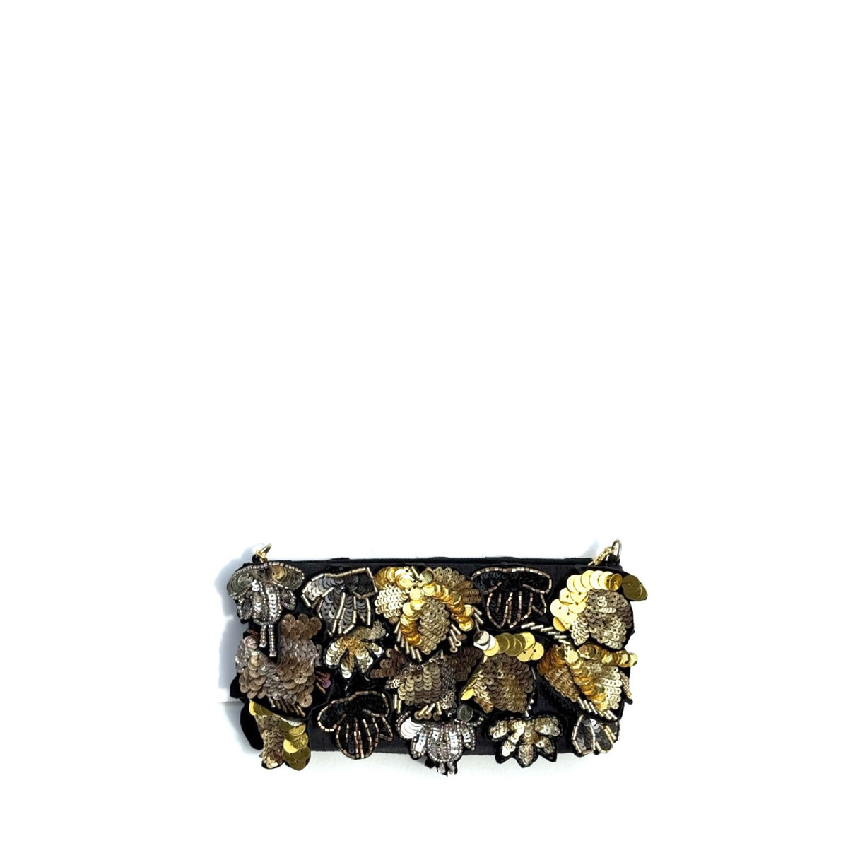 A rectangular black clutch purse adorned with intricate 3D metallic floral appliqués in gold, silver, and bronze tones, set against a plain white background.