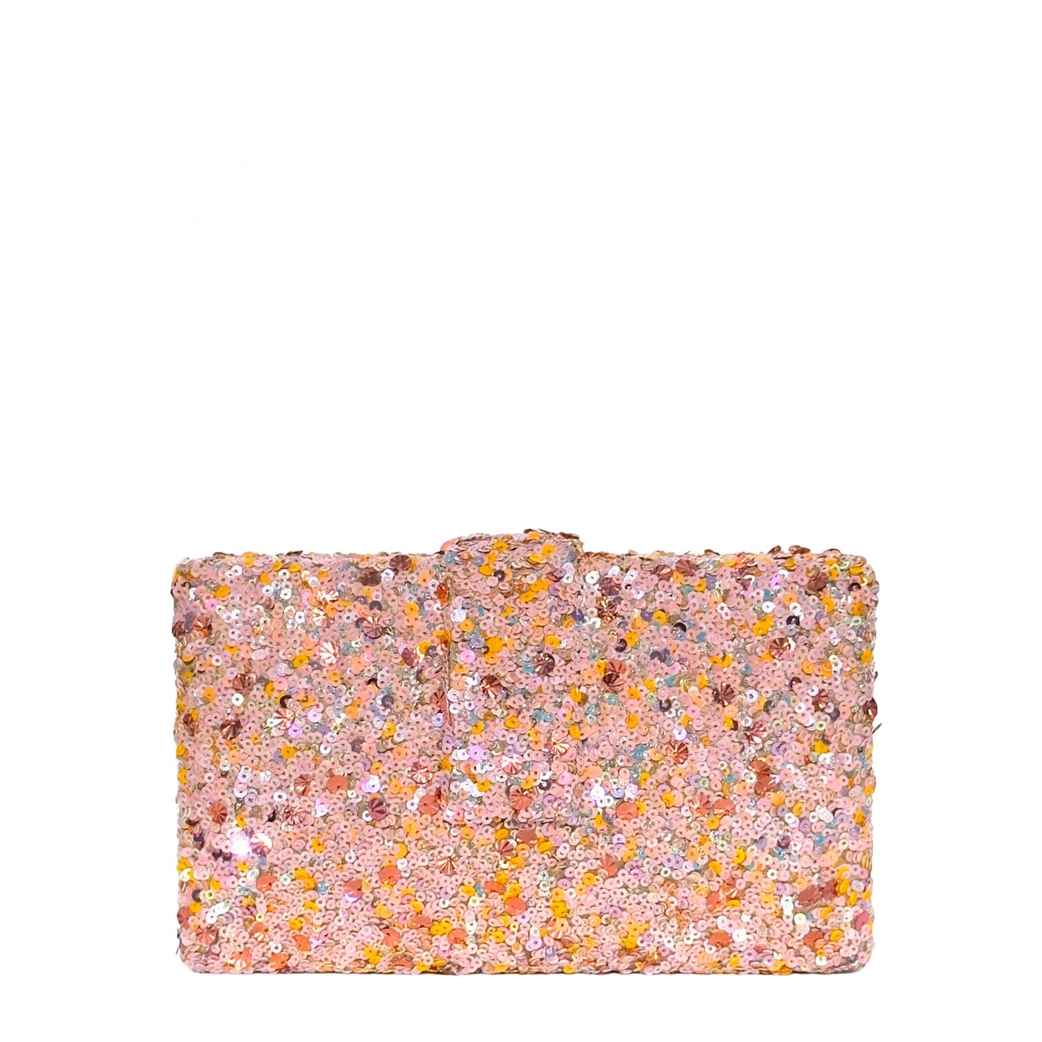 Bellini Kitsch Clutch - Handmade peach and gold sequin clutch bag with a cross body metal chain