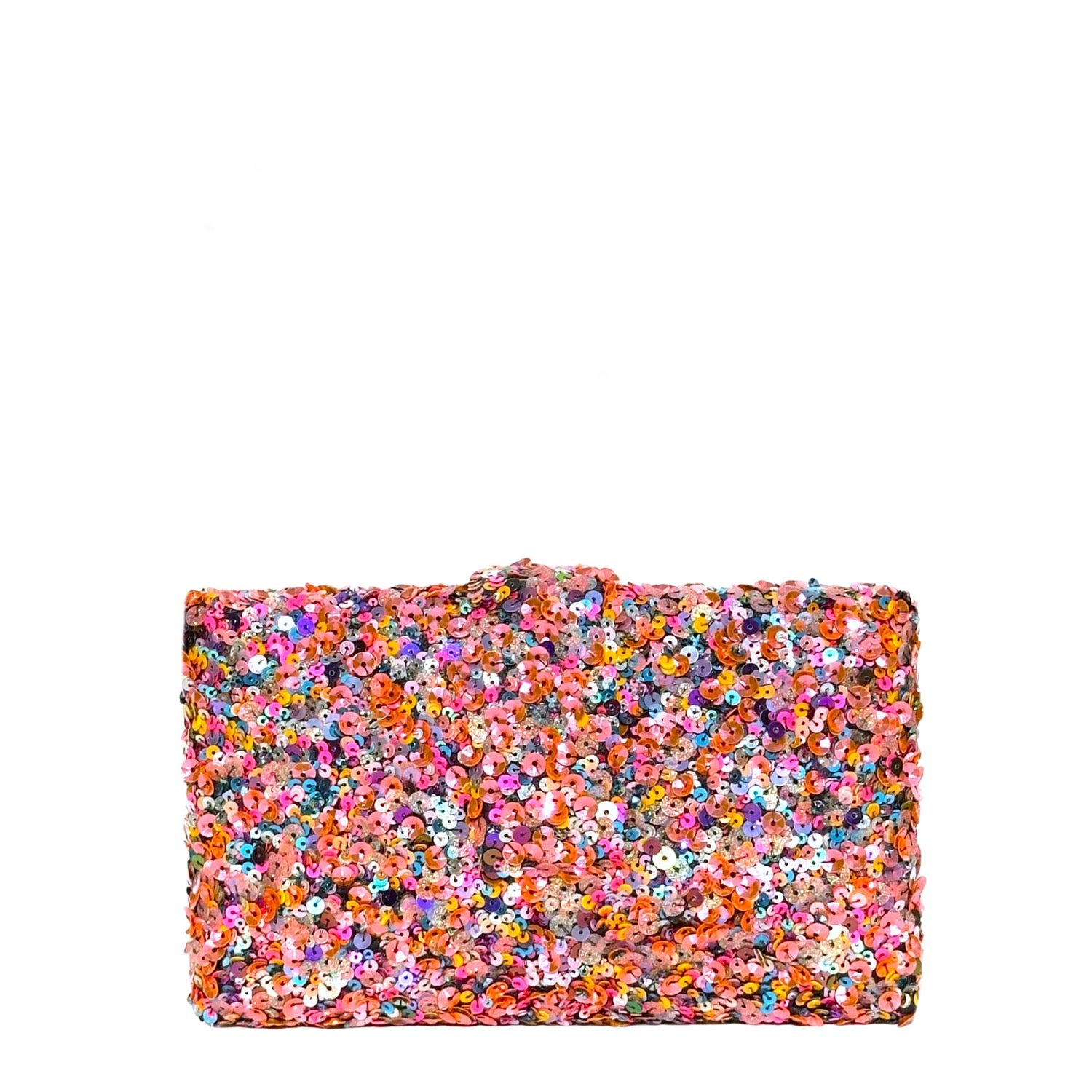 Candy Kitsch Clutch - Multicolored handmade sequin clutch bag with a cross body metal chain