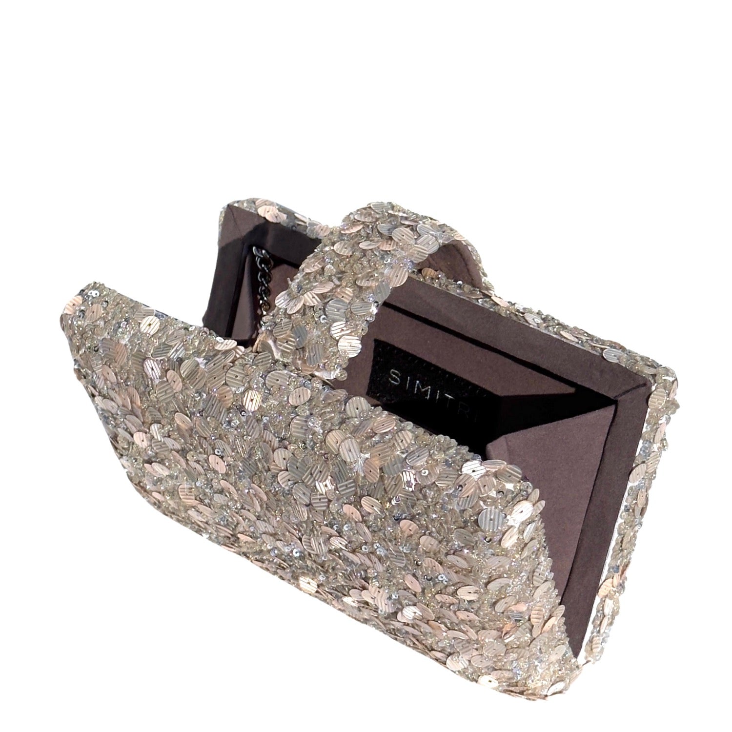 Cloud Kitsch Clutch - Handmade white & silver sequin clutch bag with a cross body metal chain