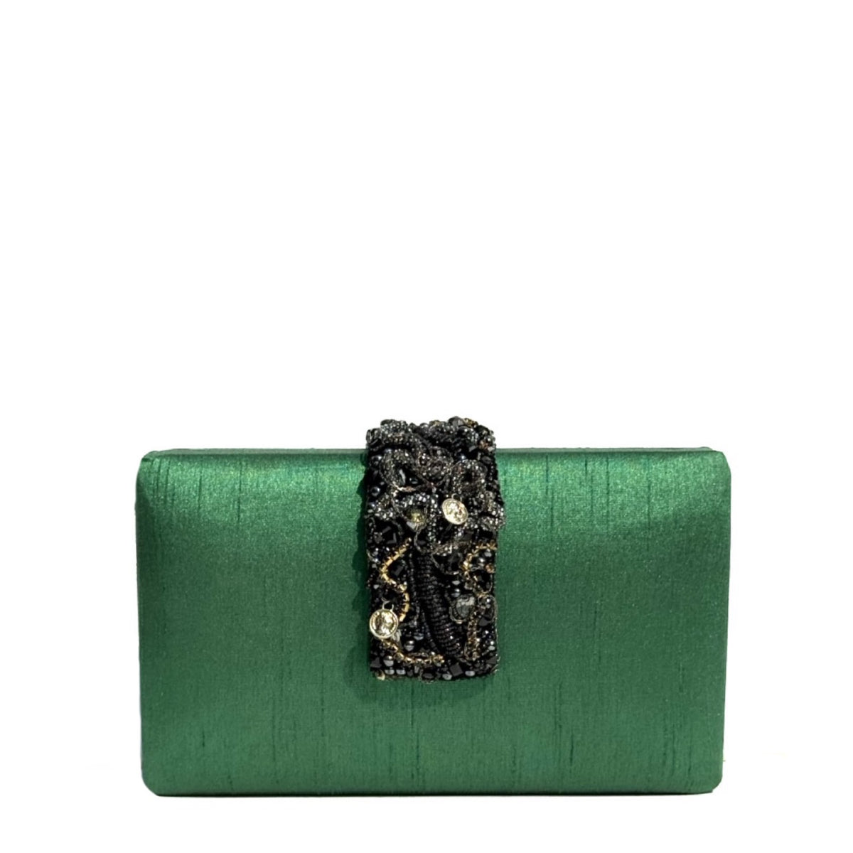 A green satin evening clutch bag with a black beaded and sequined decorative strap closure, set against a plain white background.