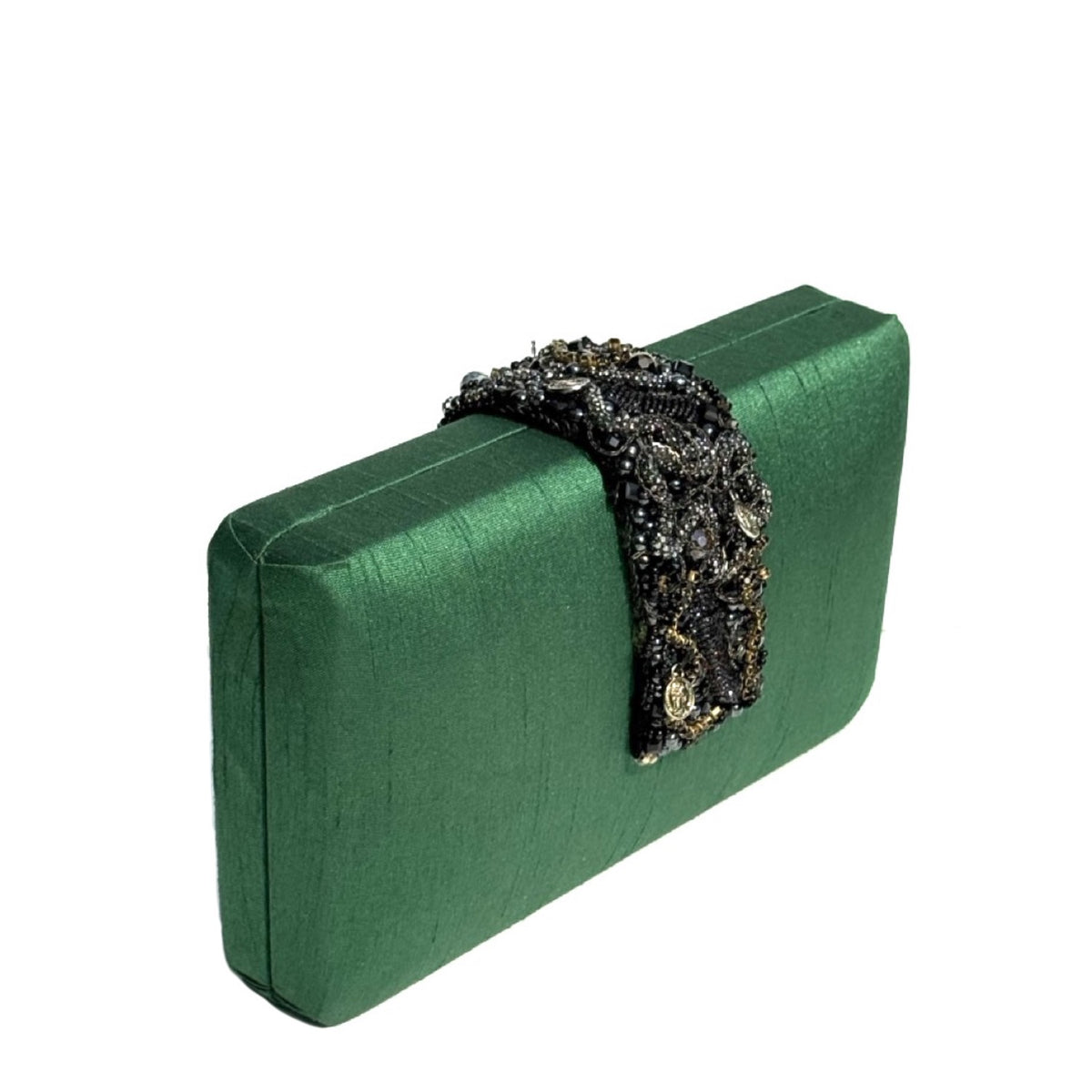 A green satin clutch bag with a black beaded and sequined flap draped across the top, set against a plain white background.