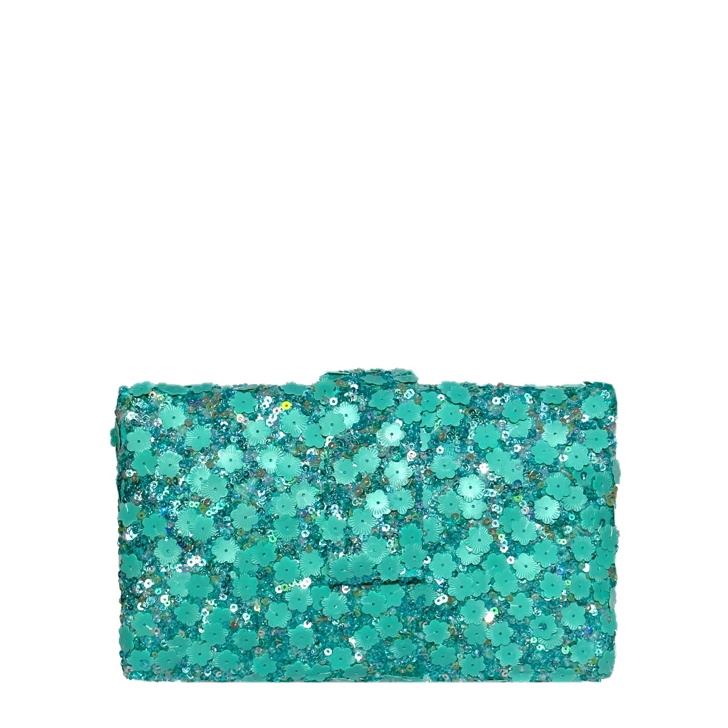 Firozi Kitsch Clutch - Turquoise handmade sequin clutch bag with a cross body metal chain