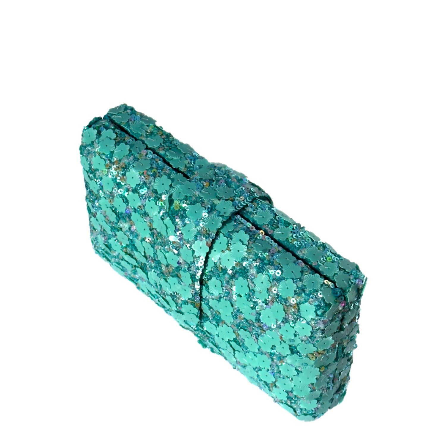 Firozi Kitsch Clutch - Turquoise handmade sequin clutch bag with a cross body metal chain