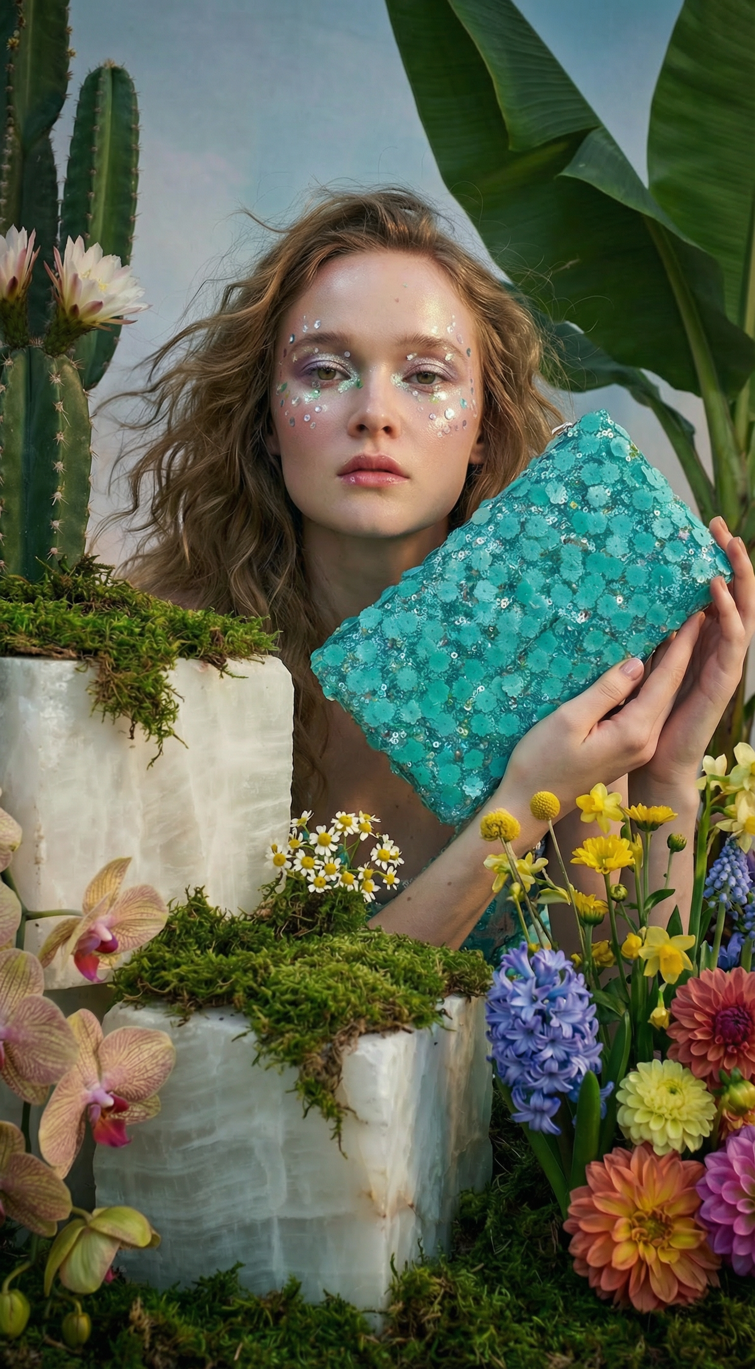 Firozi Kitsch Clutch - Turquoise handmade sequin clutch bag with a cross body metal chain