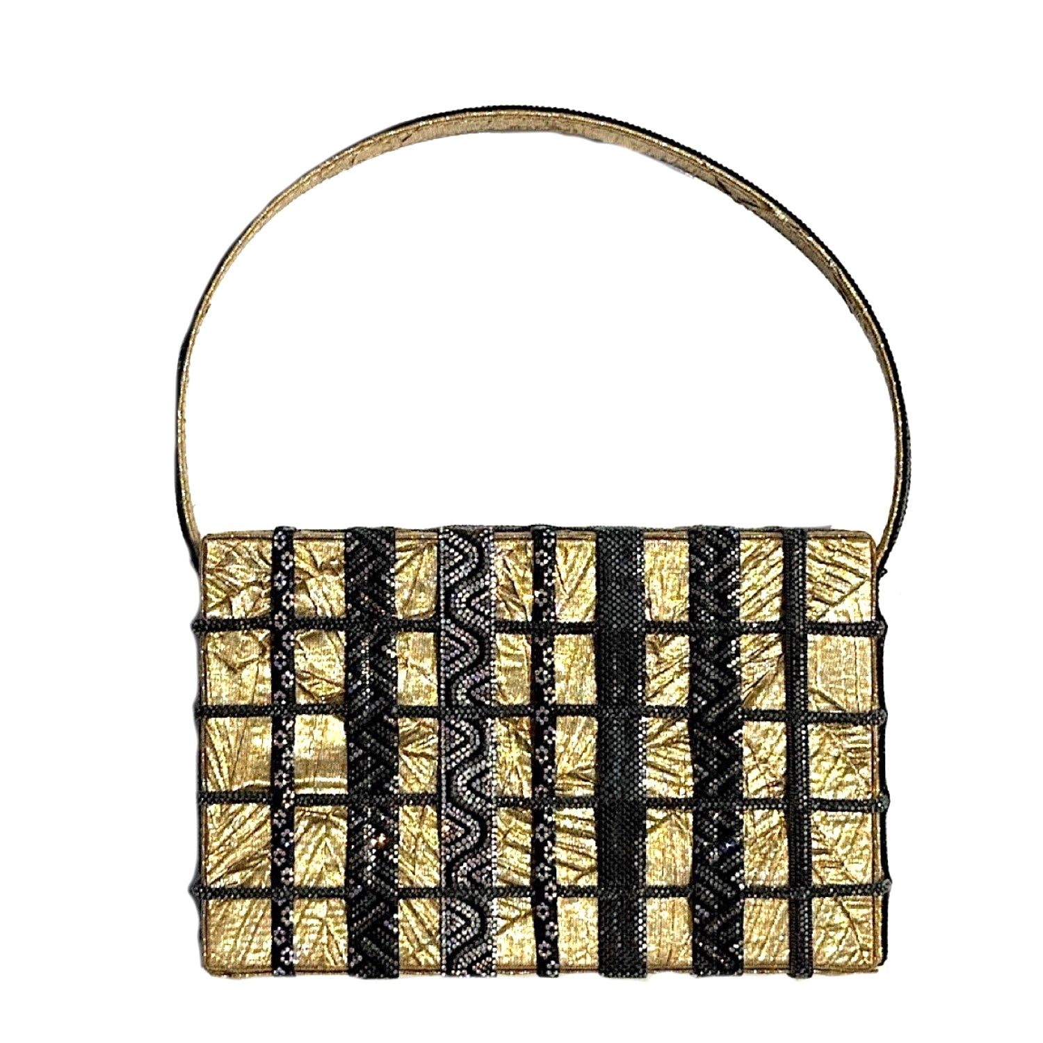 A structured shoulder bag with a rectangular body, featuring a woven pattern of metallic gold and black textured panels, with a single thin gold shoulder strap, shown against a plain white background.