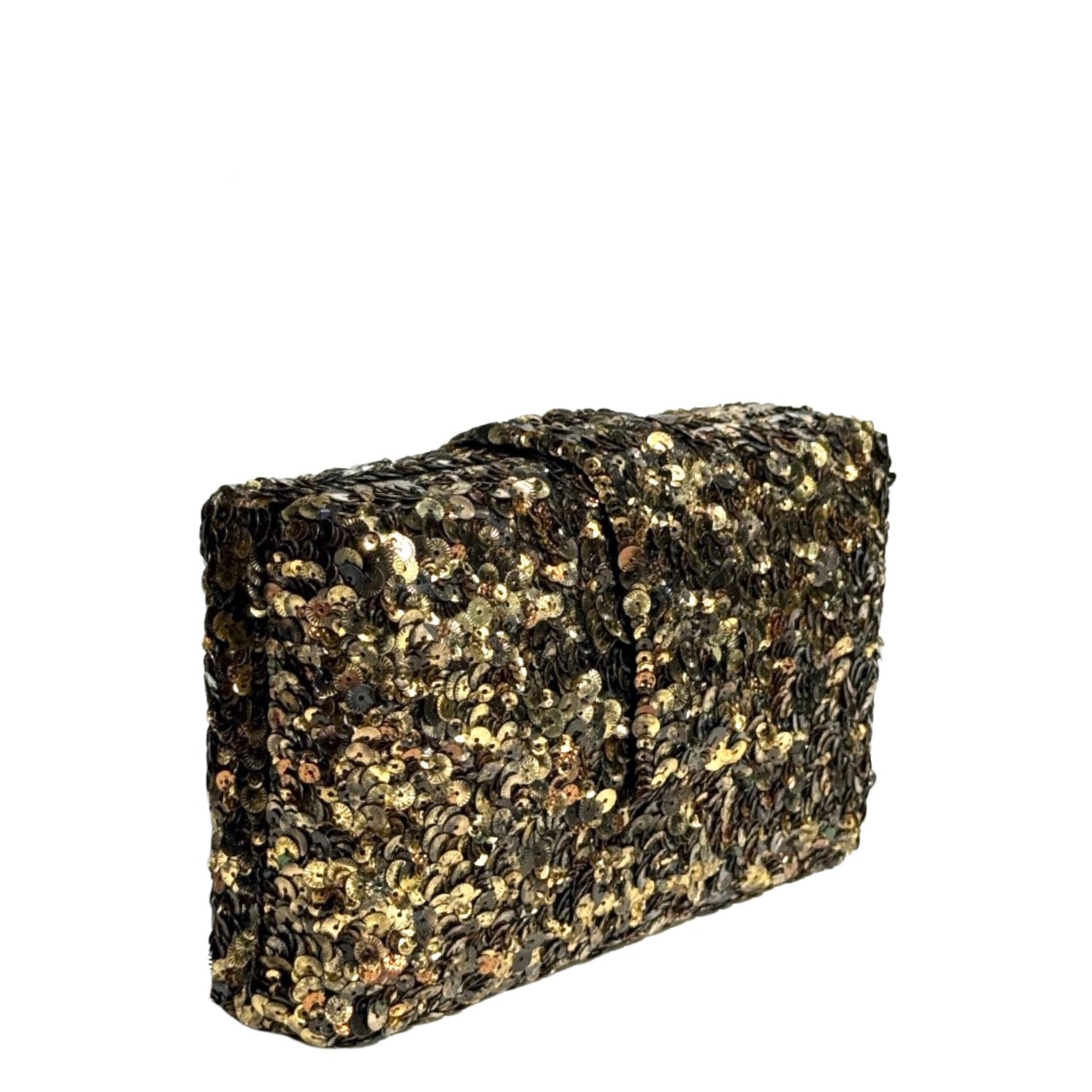 A rectangular clutch purse covered in dense gold and bronze sequins, shown from a three-quarters angle on a plain white background.