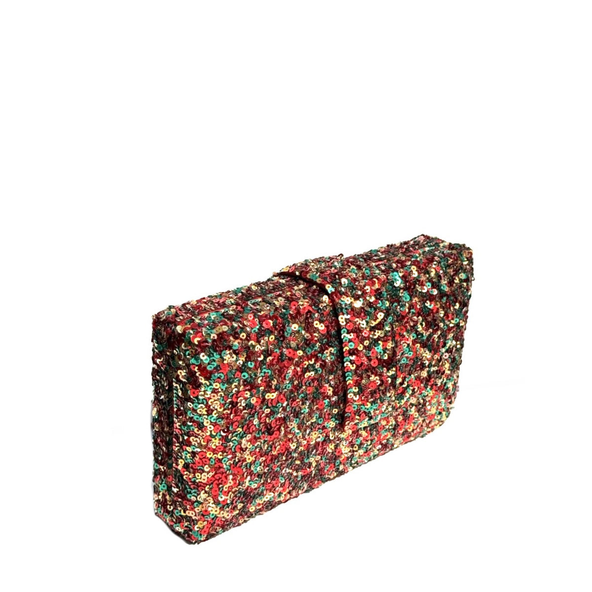 A rectangular clutch bag covered in dense multicolor sequins, featuring a mix of red, green, gold, and brown tones, set against a plain white background.
