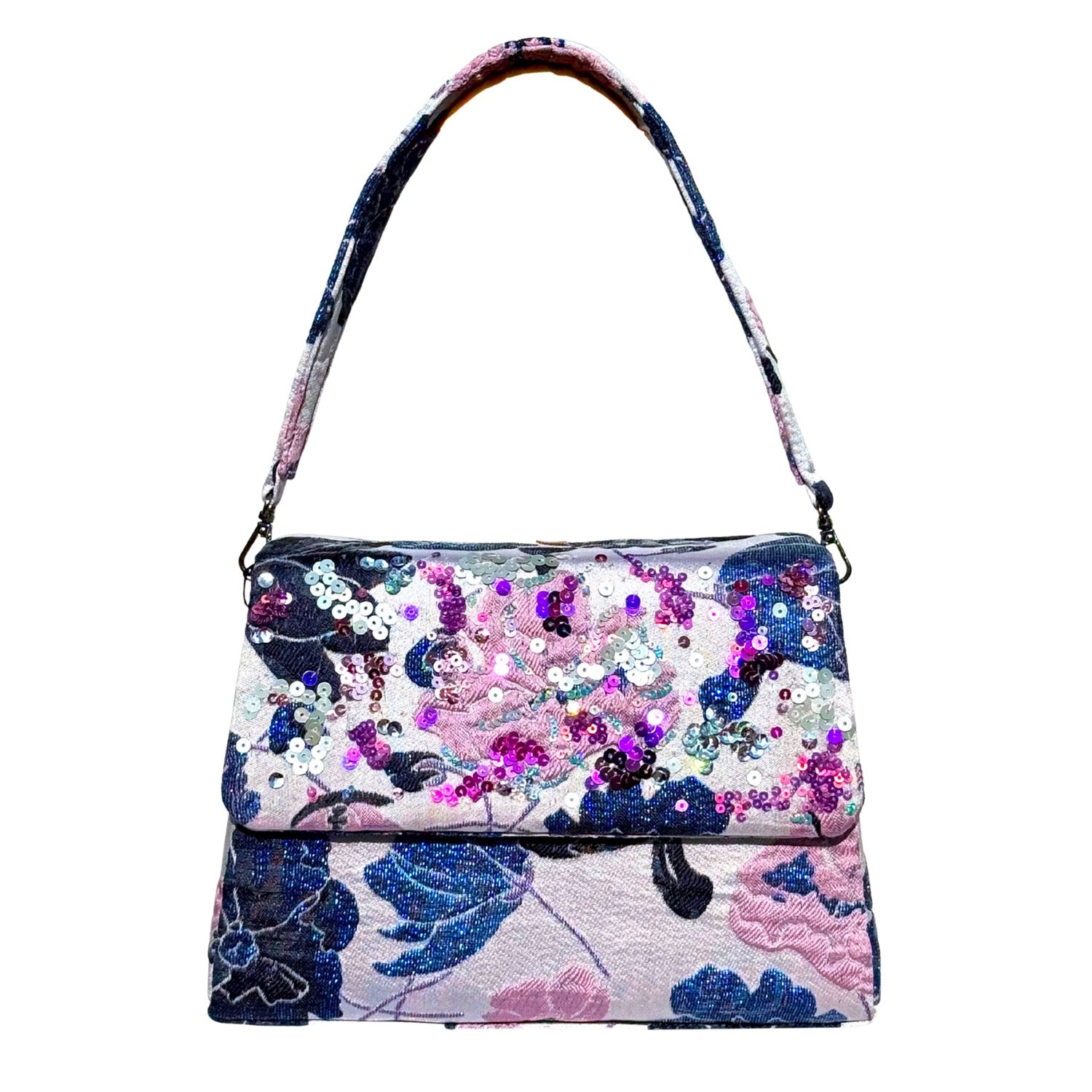 Midnight Wisteria Trapezee Bag - Handmade floral patterned handbag with hand stitched sequins and a hand held strap