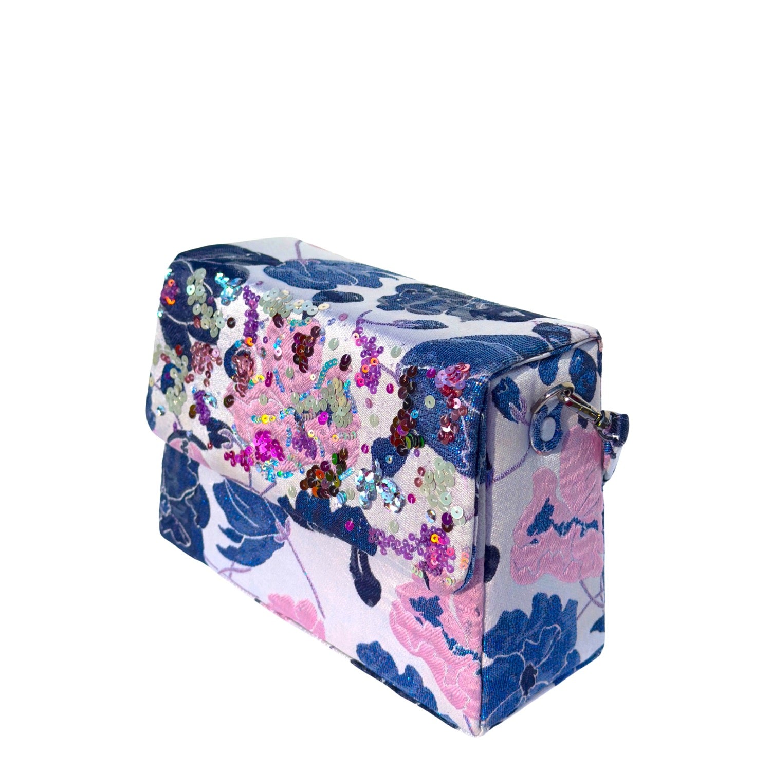 Midnight Wisteria Trapezee Bag - Handmade floral patterned handbag with hand stitched sequins and a hand held strap