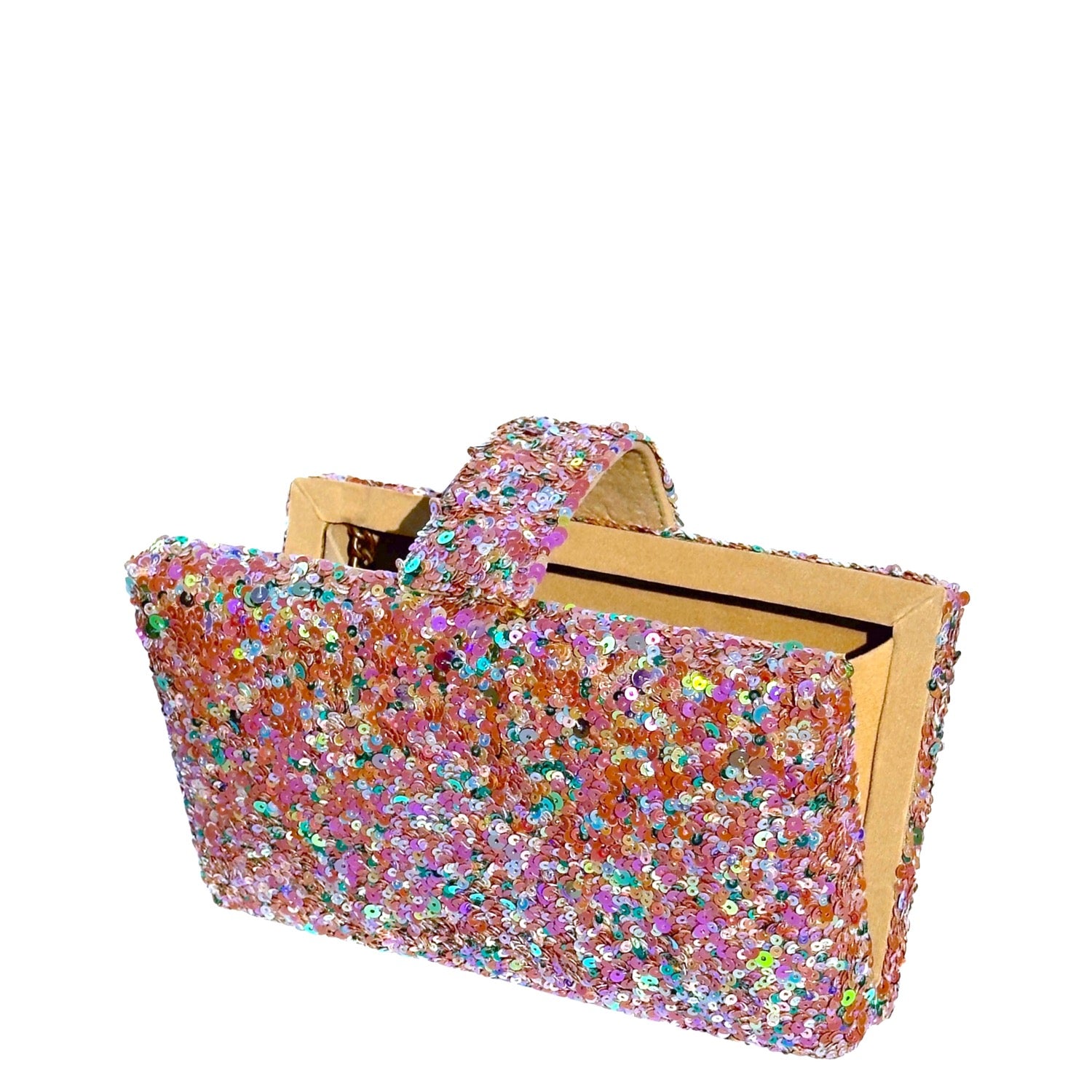 Nola Kitsch Clutch - Handmade purple, green & gold sequin clutch bag with cross body metal chain