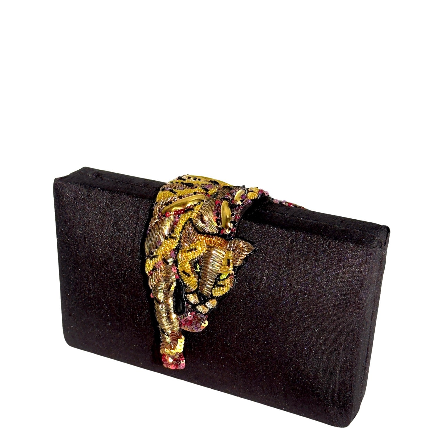Onyx Raaka Clutch Bag - Hand embroidered panther with gold and copper sequins on black faux silk clutch