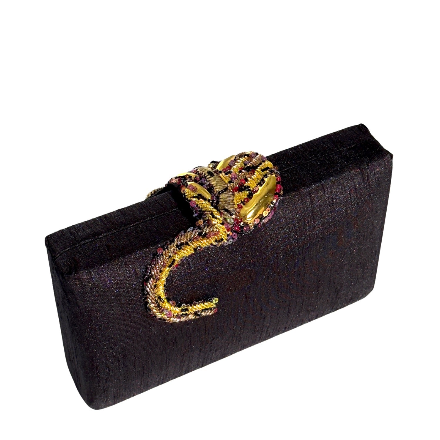 Onyx Raaka Clutch Bag - Hand embroidered panther with gold and copper sequins on black faux silk clutch