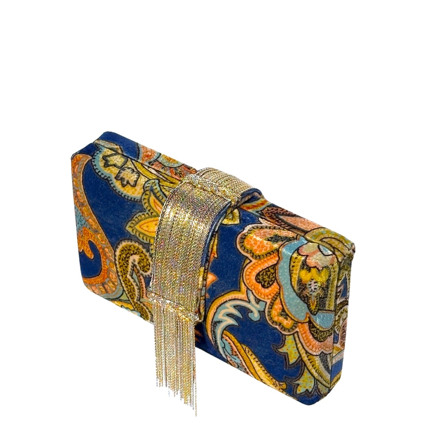 Paisley Fringe Clutch - Velvet fabric floral handmade clutch bag with gold & silver tassels as magnetic flap