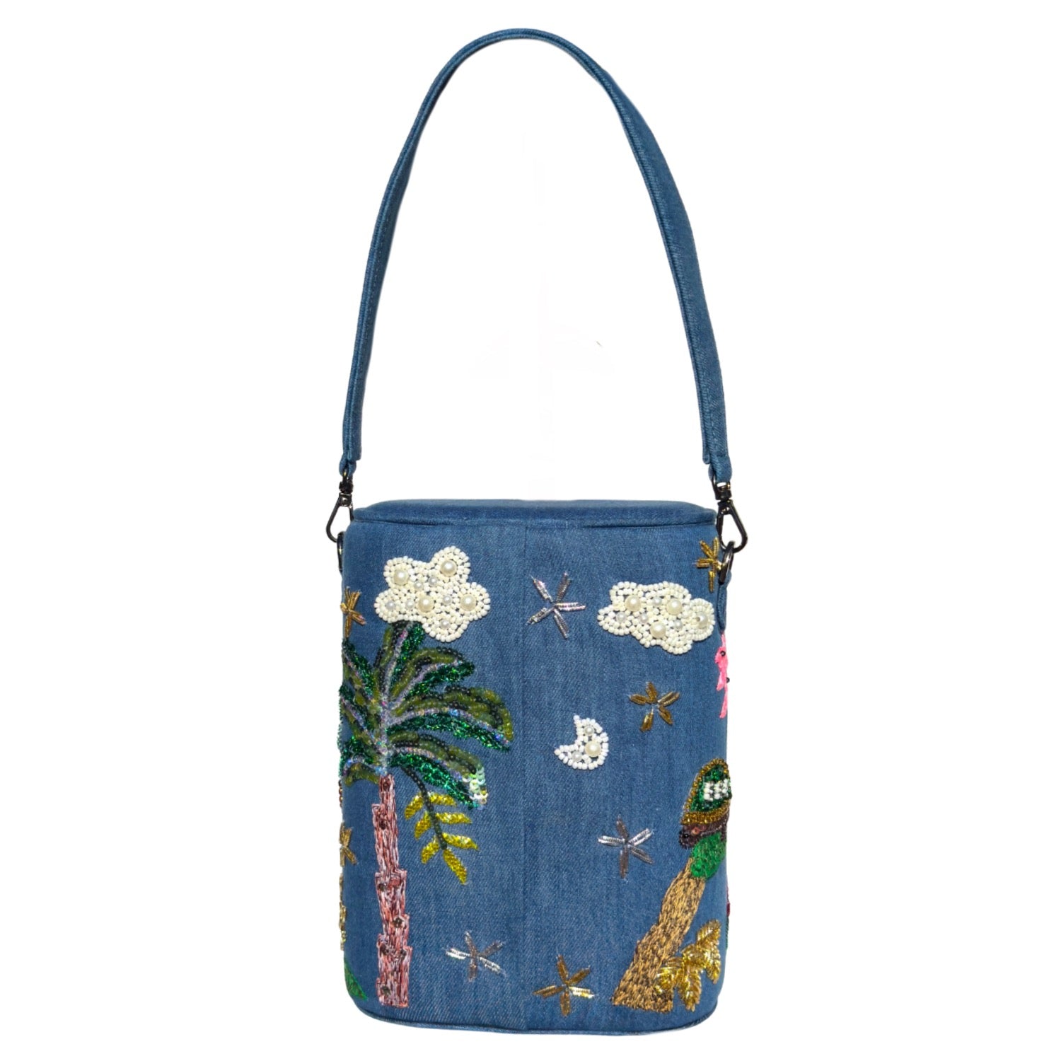 Palm Paradise Bucket bag- hand embroidered denim fabric bucket bag
