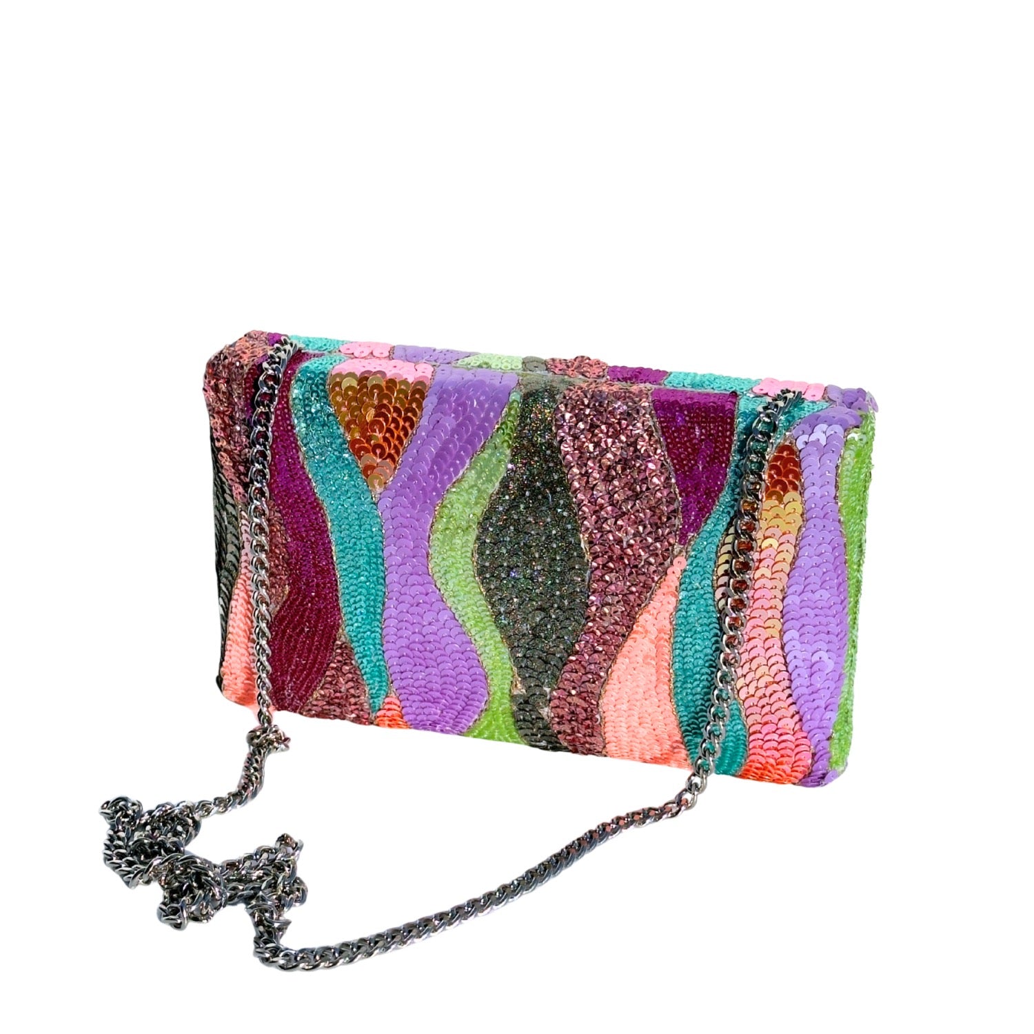 Pastel Dune Clutch - Multicolored handmade sequin clutch bag with cross body metal chain