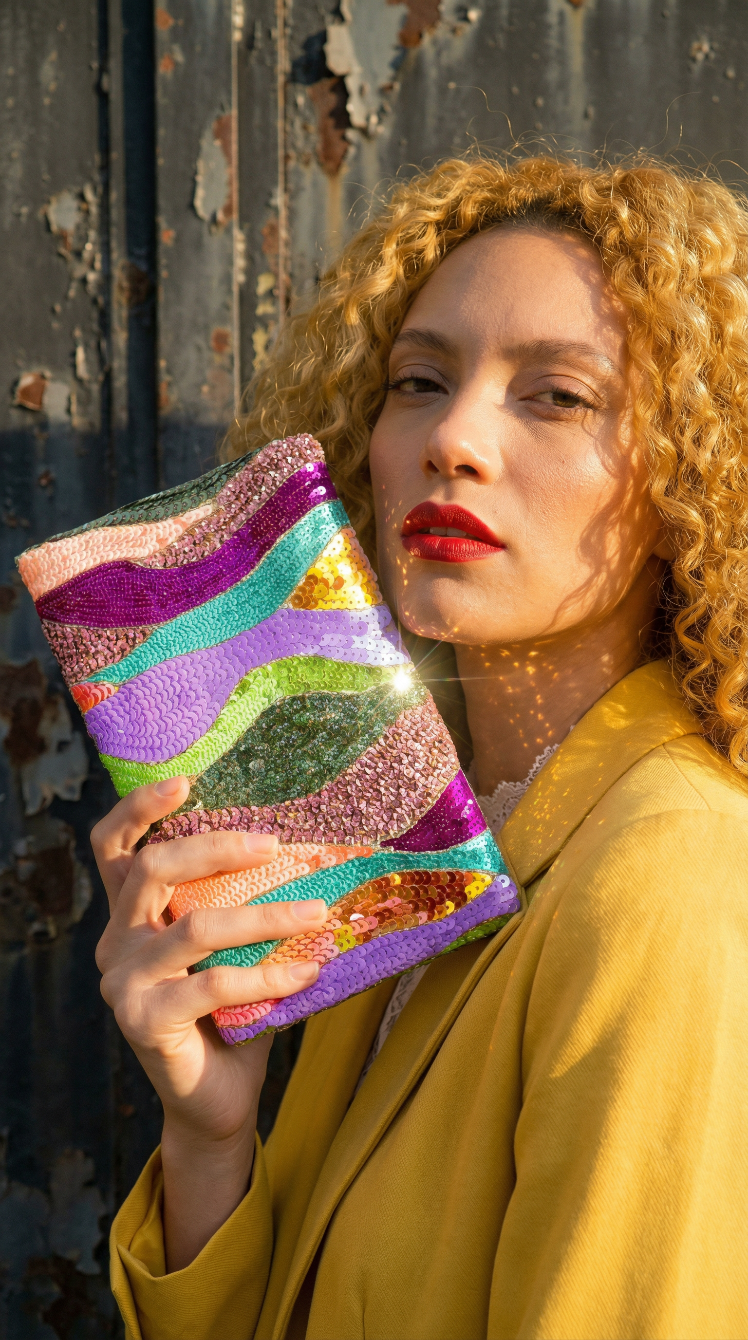Pastel Dune Clutch - Multicolored handmade sequin clutch bag with cross body metal chain