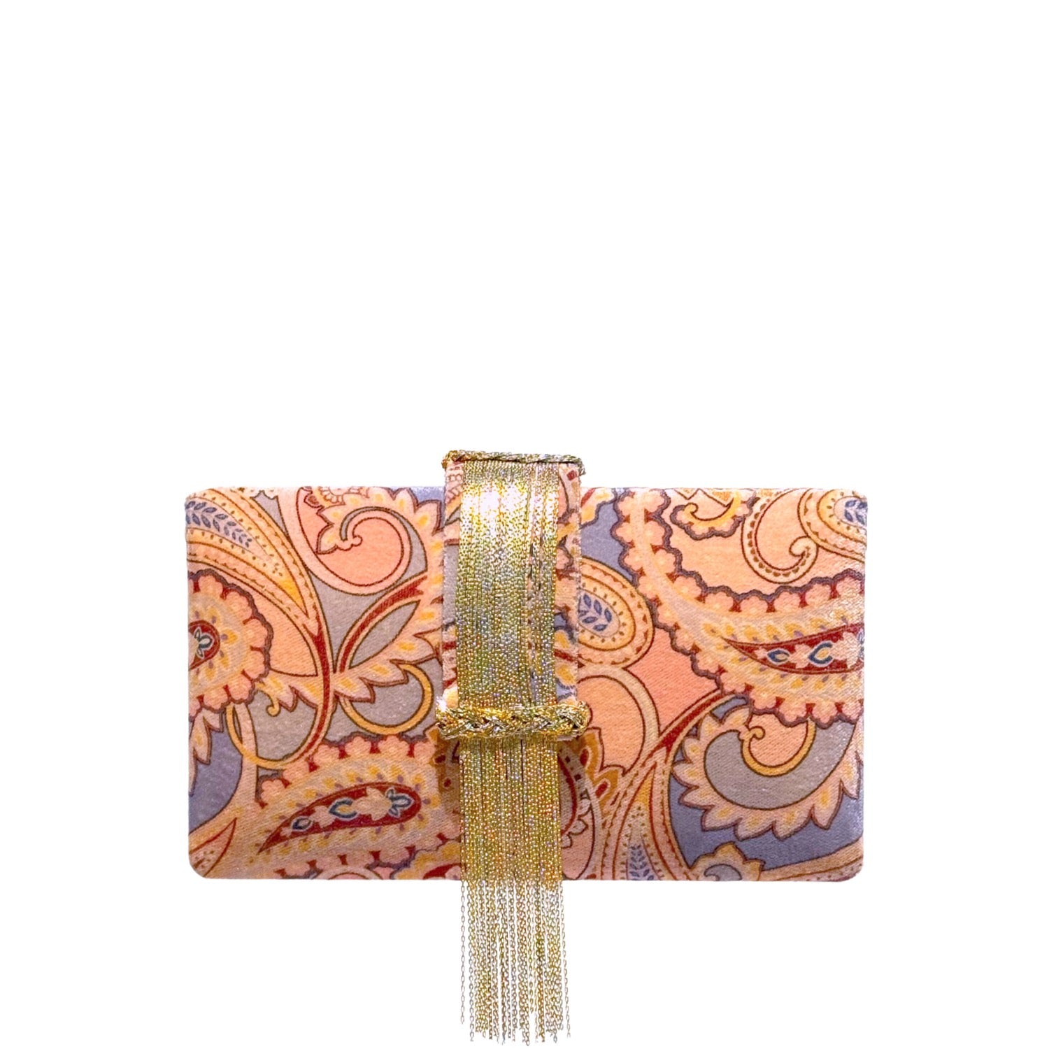 Printed clutch bag with paisley pattern and gold tassel on a white background