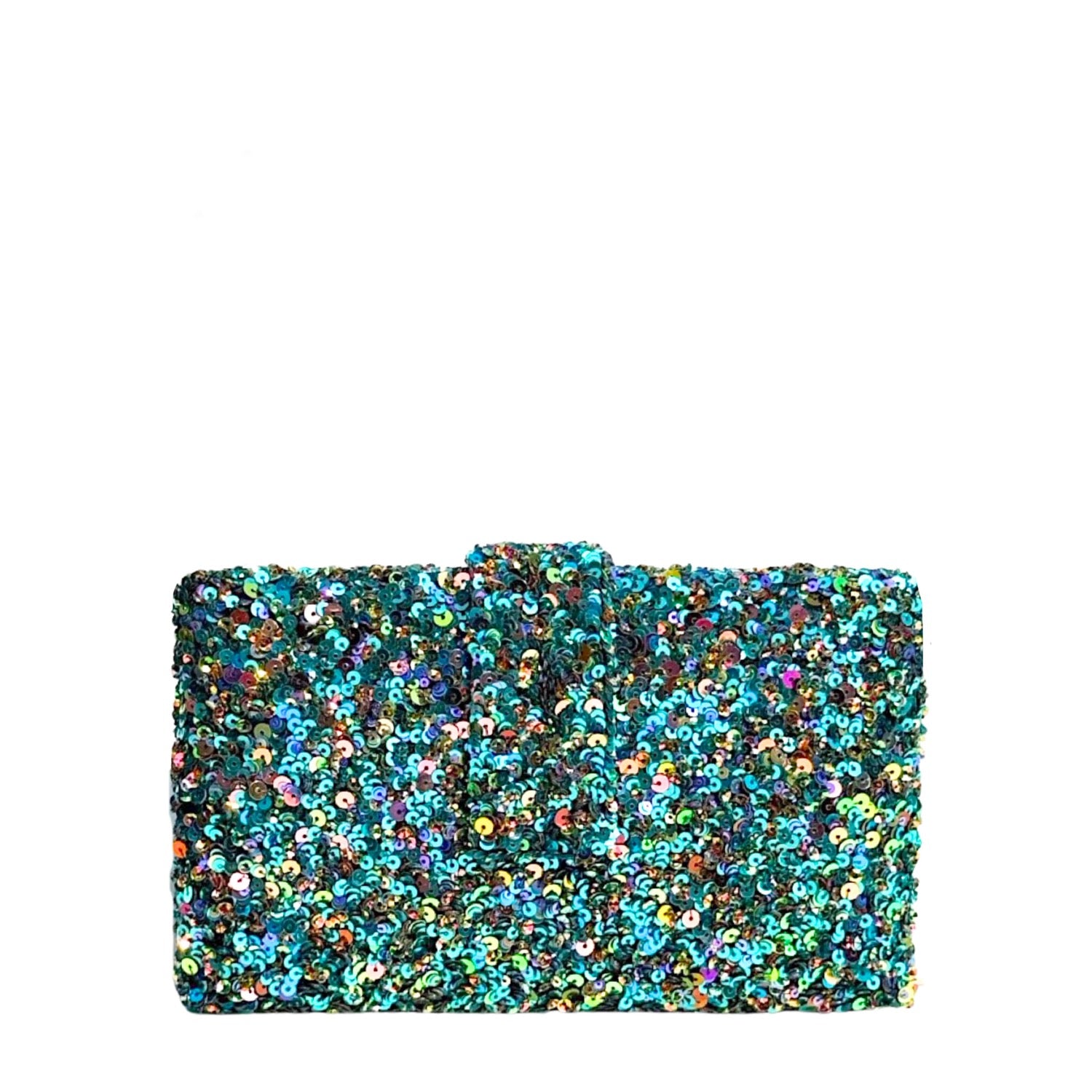 A rectangular clutch bag covered in dense, iridescent sequins that shift between teal, blue, green, and purple, set against a plain white background.