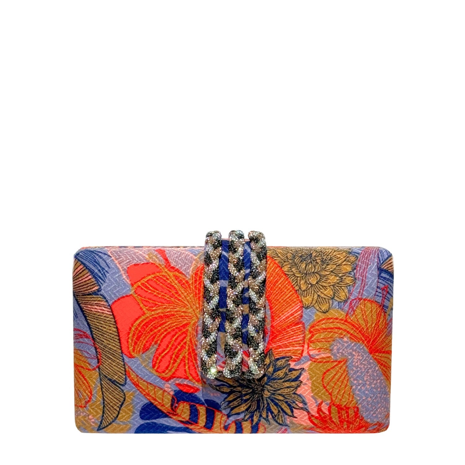 Colorful floral clutch bag with a crystal braided clasp on a white background