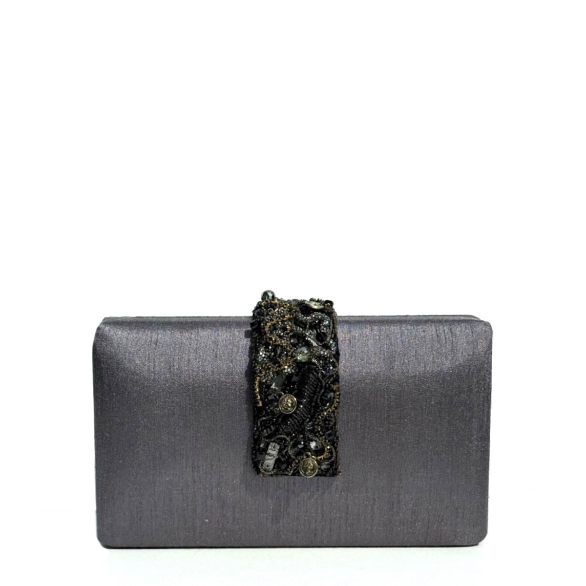 A dark gray satin evening clutch bag with a wide, ornate black beaded and sequined strap closure, set against a plain white background.