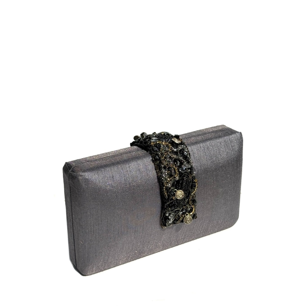 A rectangular gray clutch purse with a black beaded and sequined strap closure, shown on a plain white background.