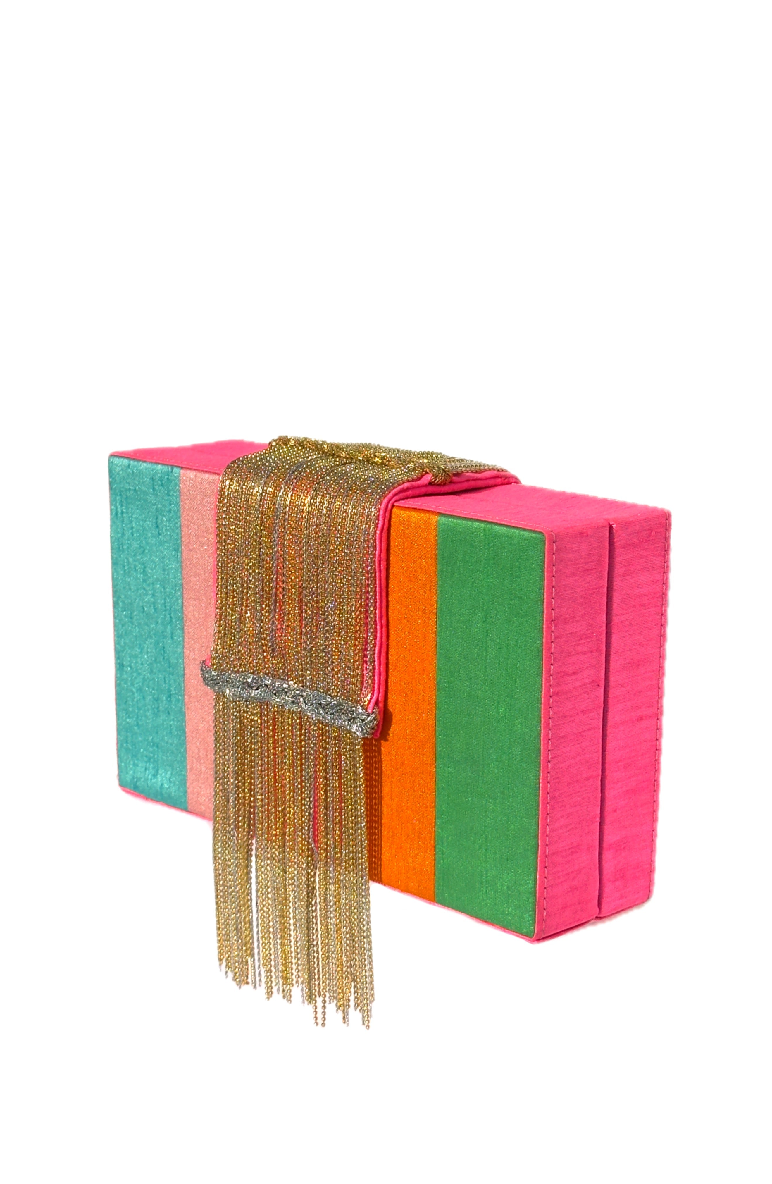 Skittles Dreamy Clutch - Colorful faux silk clutch bag with a gold fringe detail