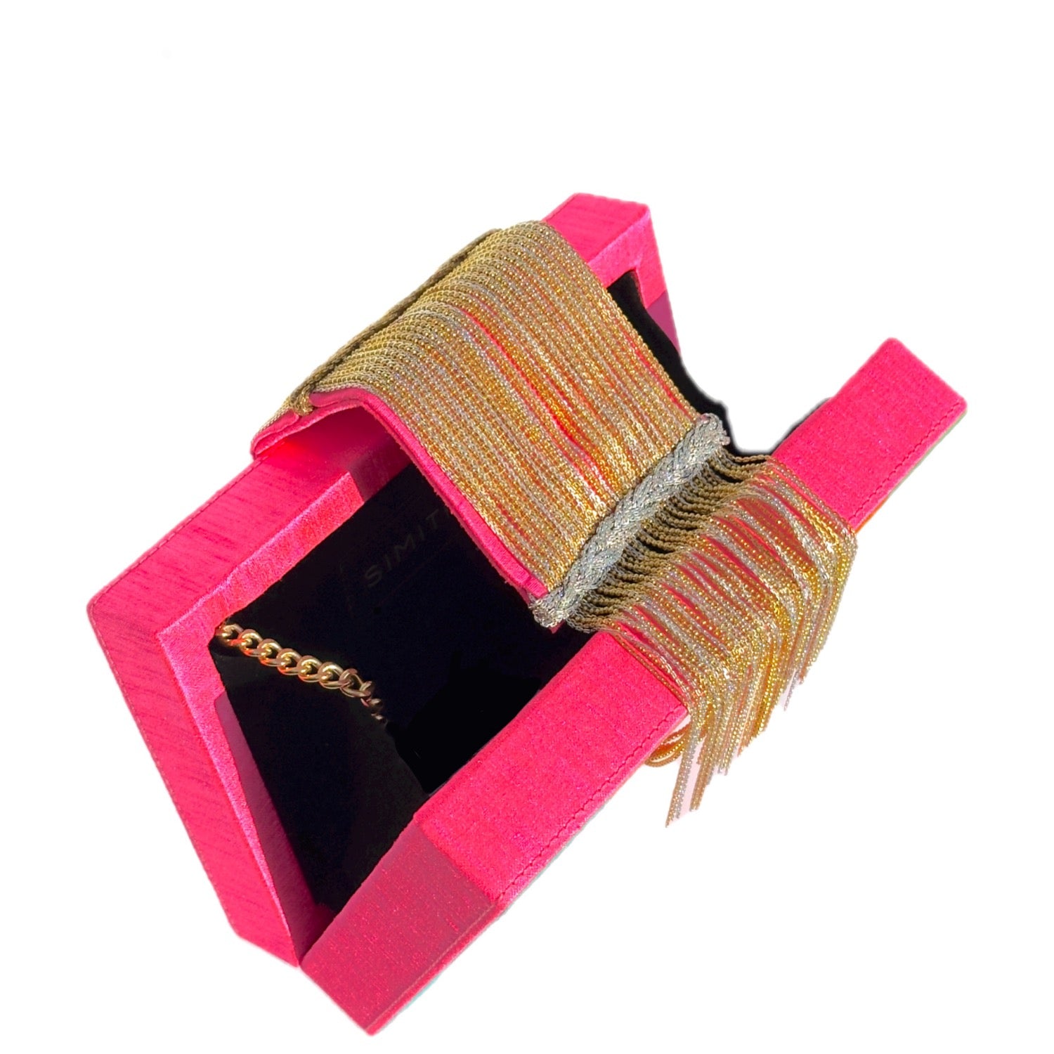 Skittles Dreamy Clutch - Colorful faux silk clutch bag with a gold fringe detail