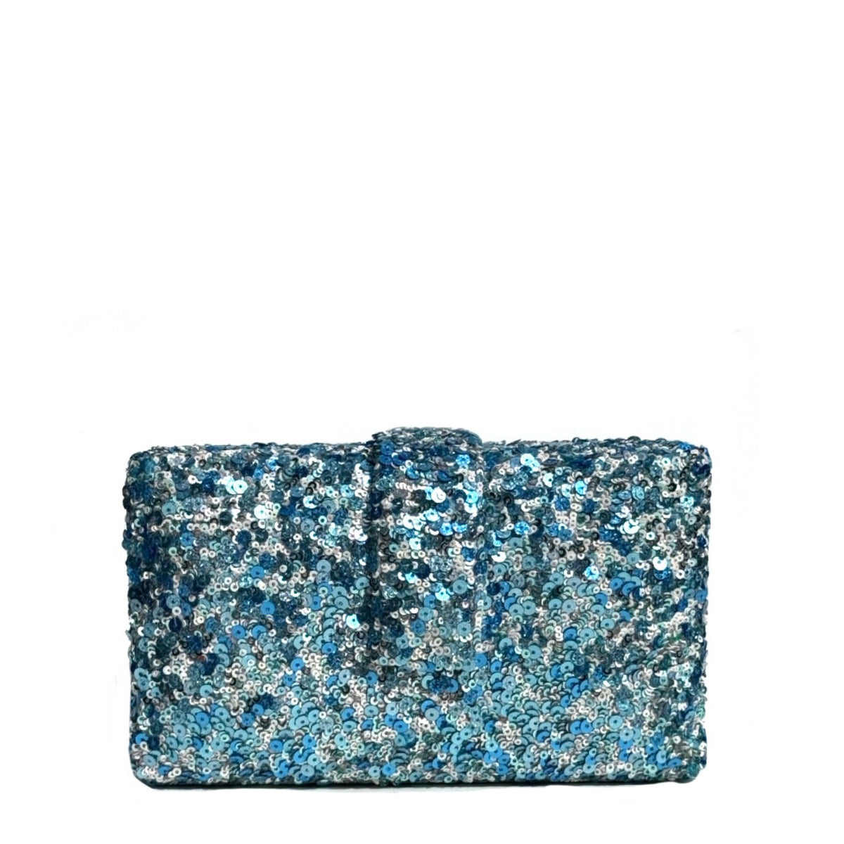 A rectangular clutch purse covered in shimmering blue and silver sequins, set against a plain white background.