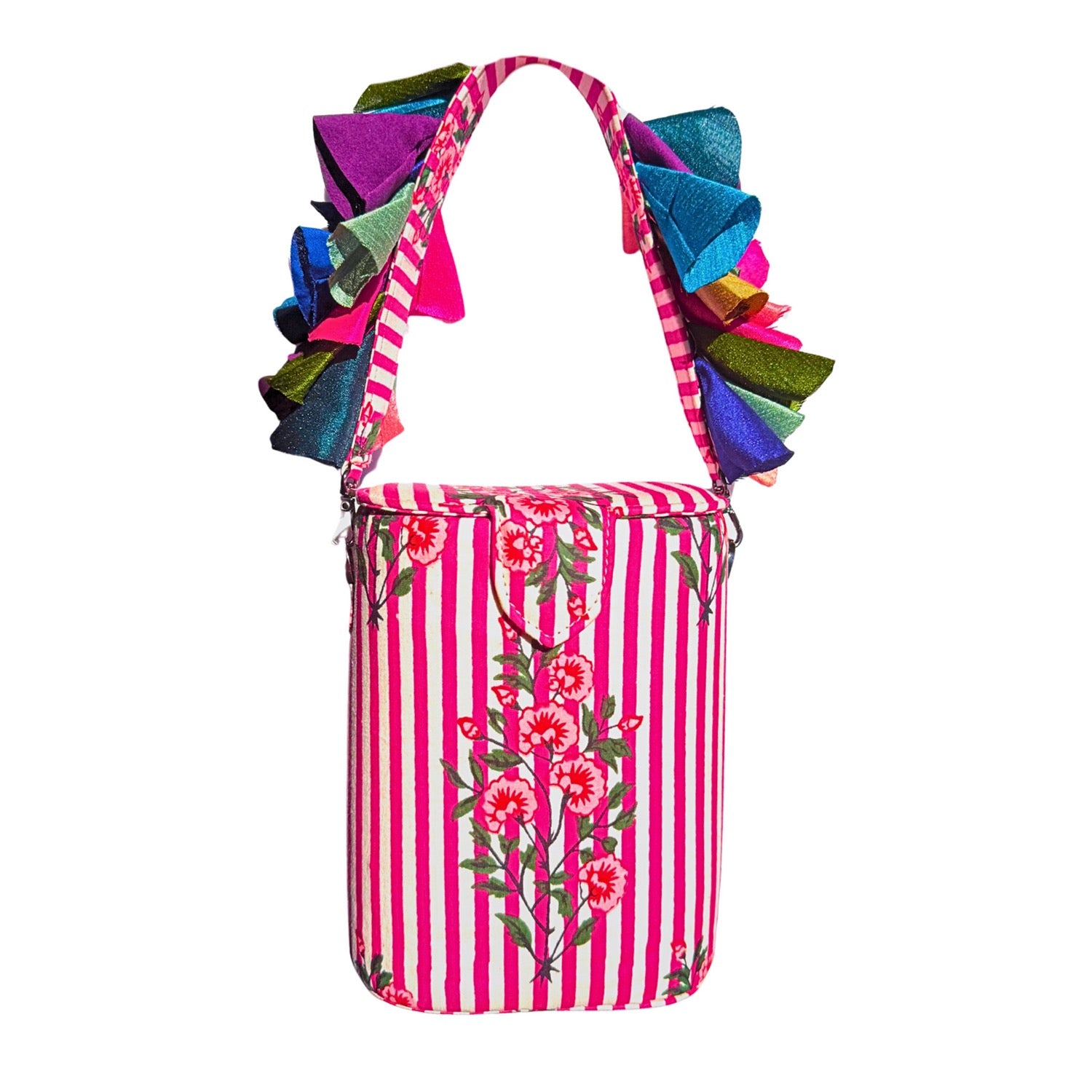Bouquet Bazaar Bucket Bag - Colorful striped bag with floral design and ruffled handles