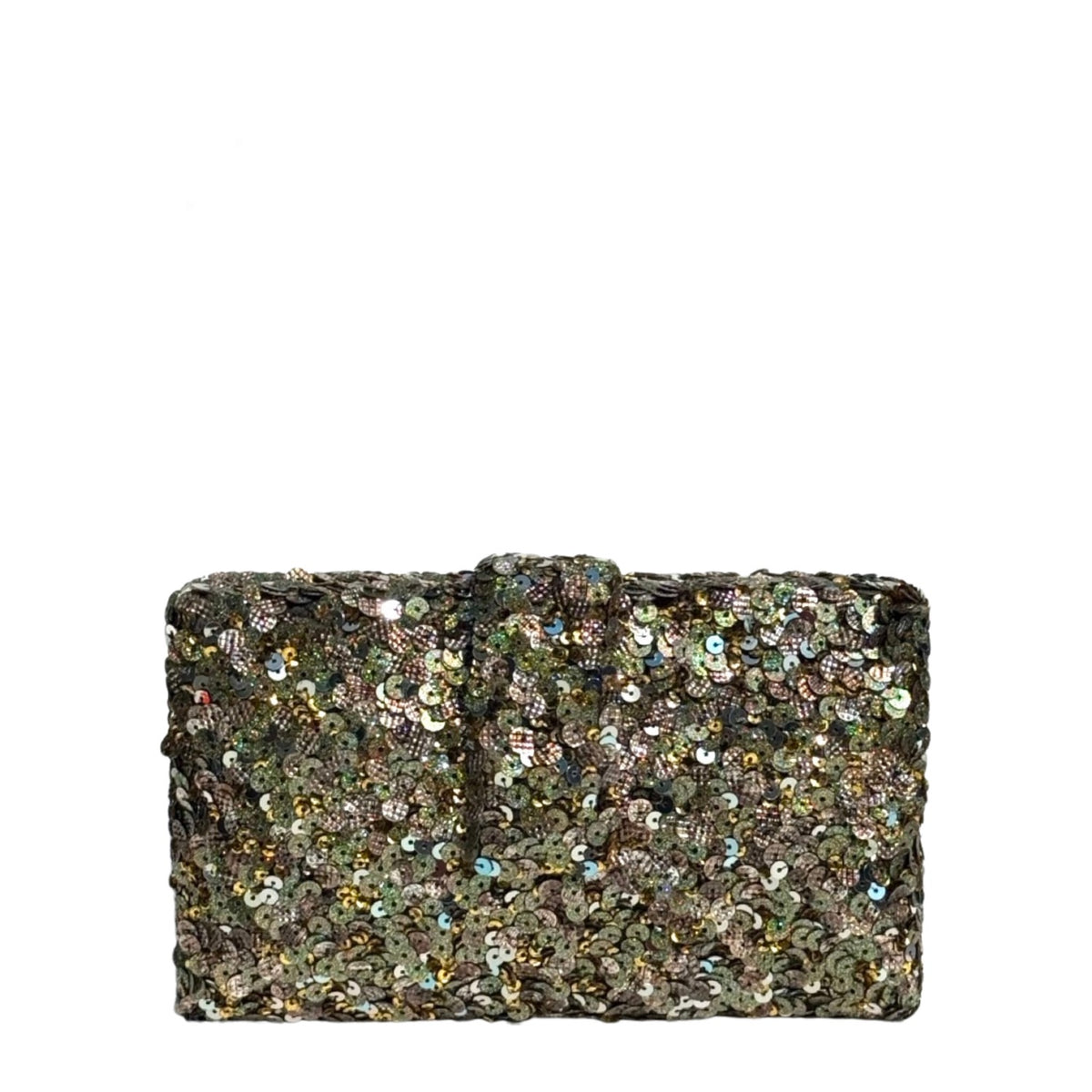 A rectangular clutch bag covered in dense, iridescent sequins, featuring a small top clasp and photographed against a solid white background.