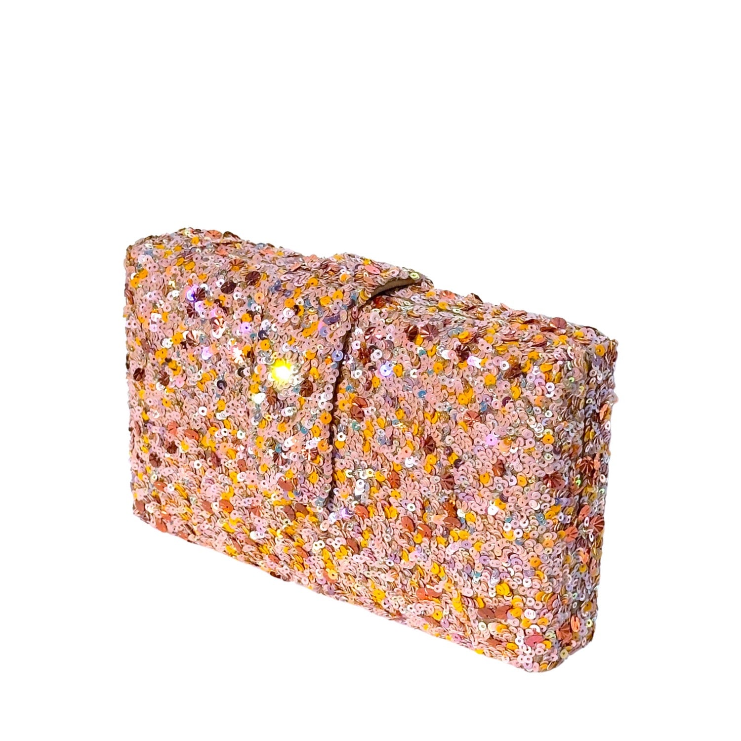 Bellini Kitsch Clutch - Handmade peach and gold sequin clutch bag with a cross body metal chain
