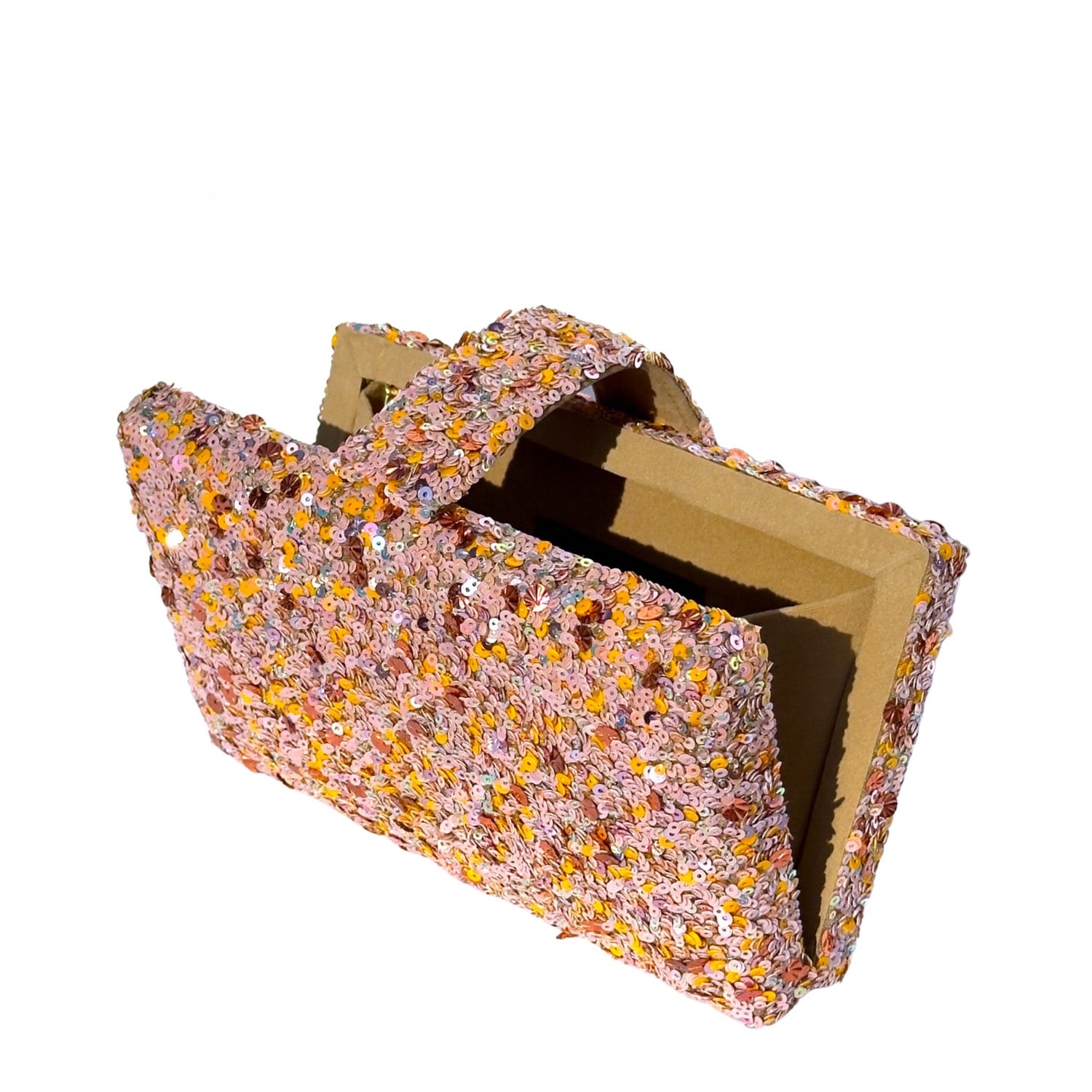 Bellini Kitsch Clutch - Handmade peach and gold sequin clutch bag with a cross body metal chain