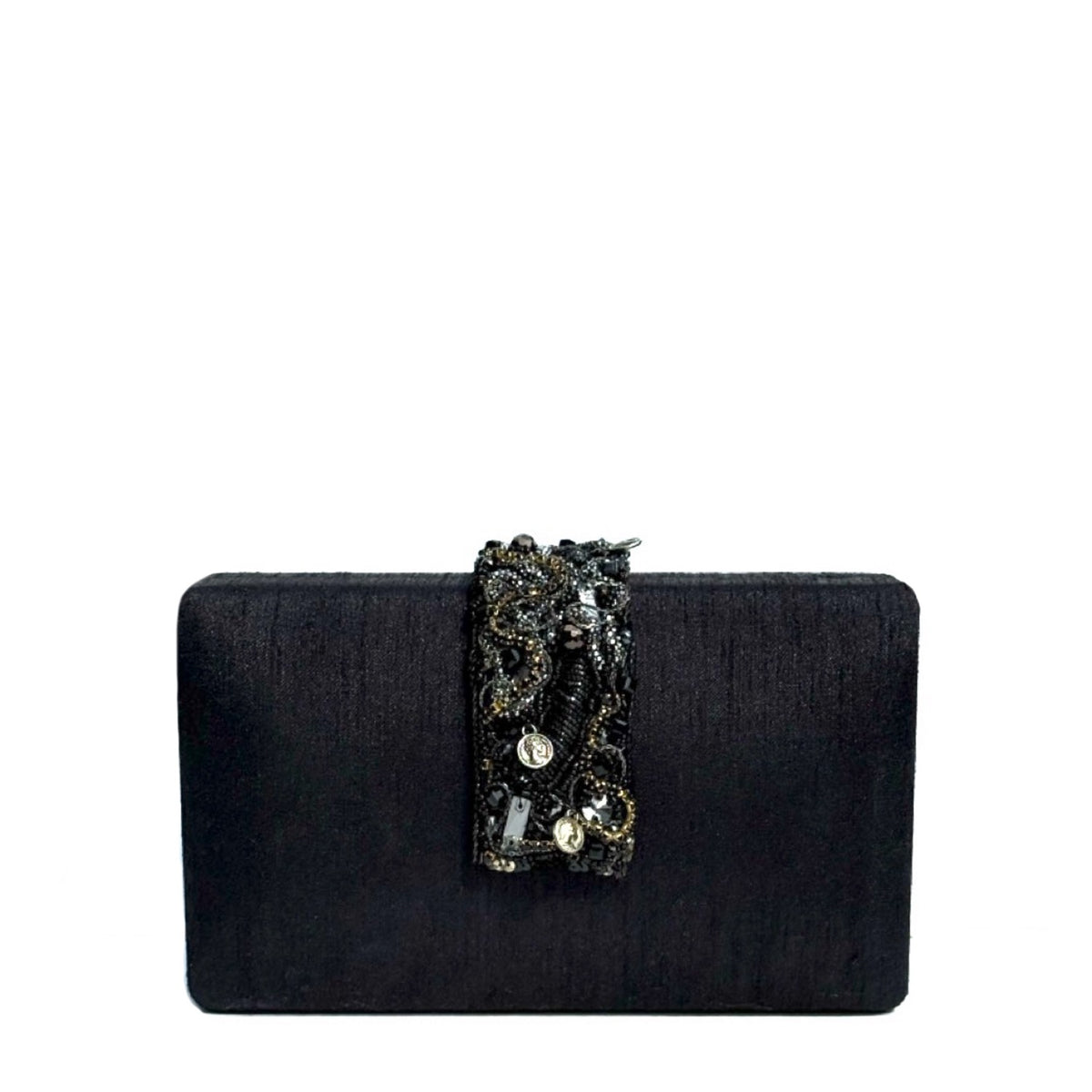 A black textured fabric clutch purse with an ornate, beaded and sequined black and gold decorative strap closure, shown against a plain white background.