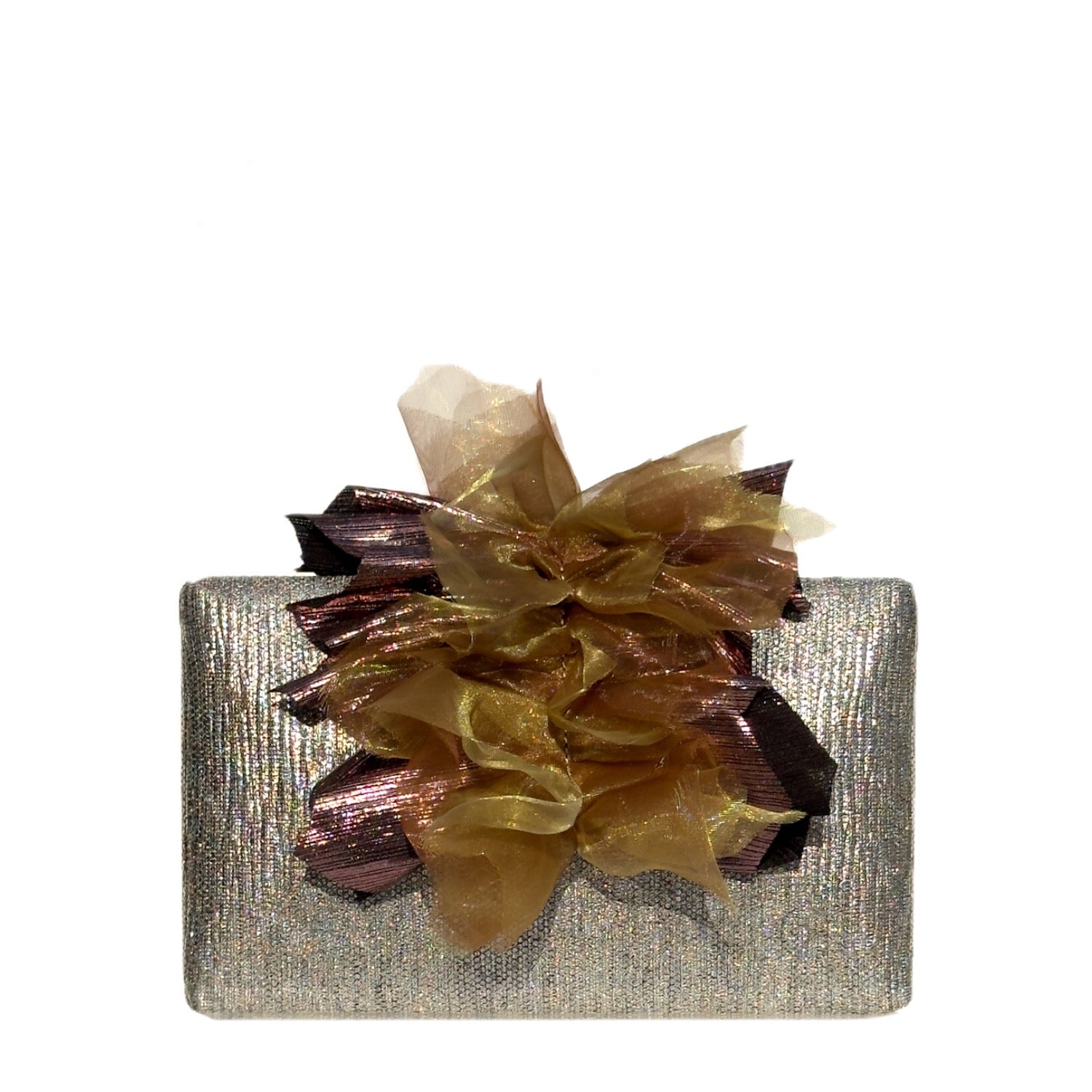 Bronzed Angel Clutch - Metallic fabric clutch with shimmer fabric flap as magnetic closure