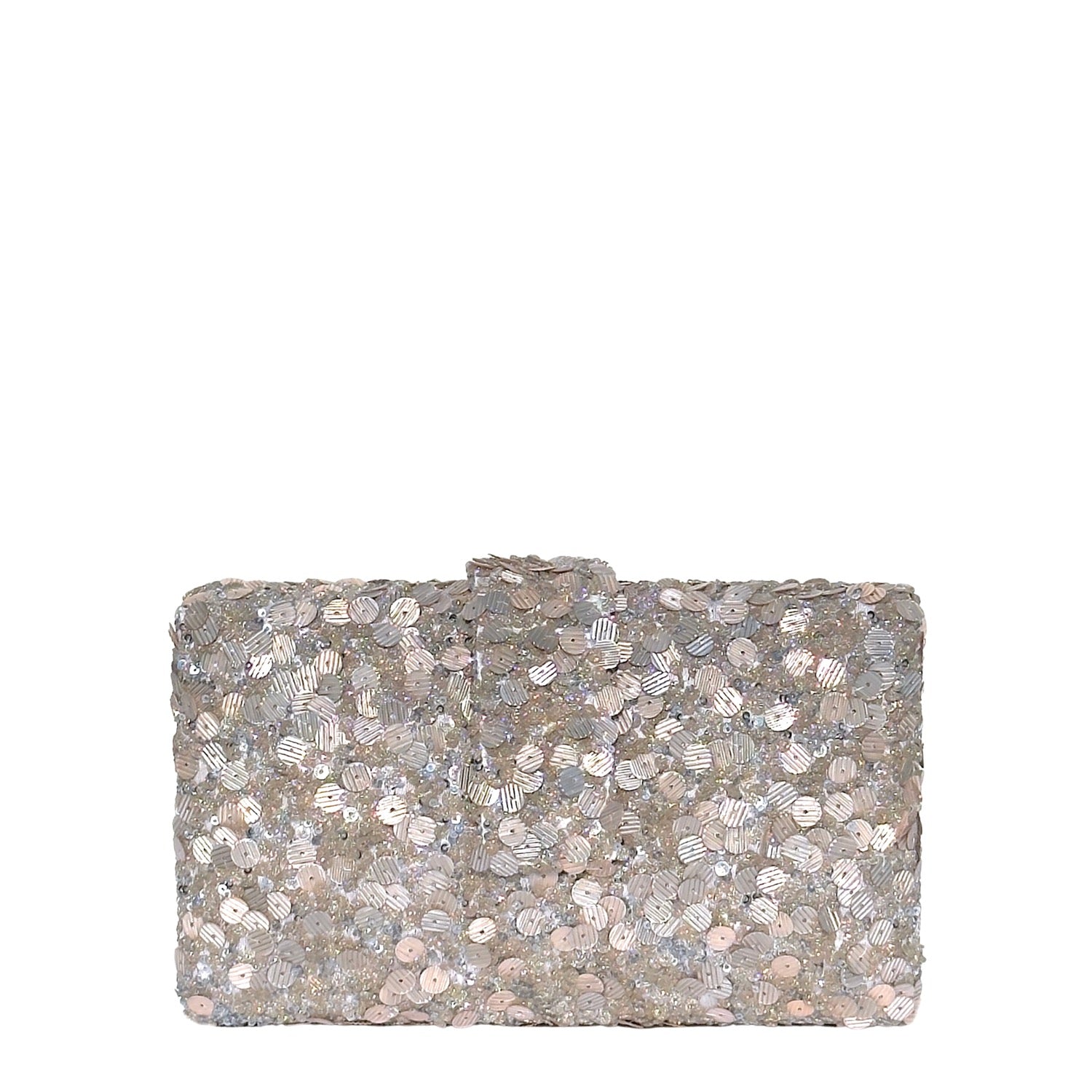 Cloud Kitsch Clutch - Handmade white & silver sequin clutch bag with a cross body metal chain