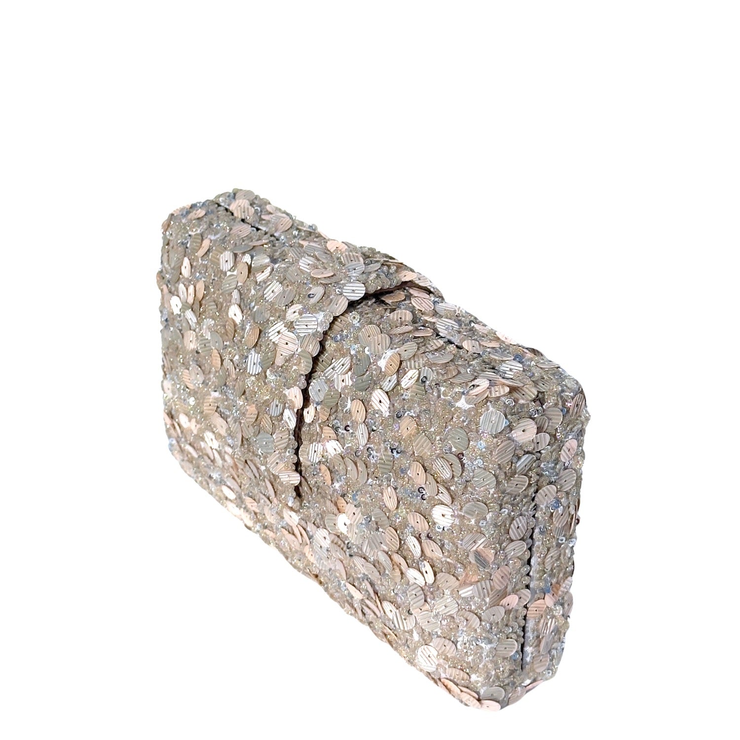 Cloud Kitsch Clutch - Handmade white & silver sequin clutch bag with a cross body metal chain