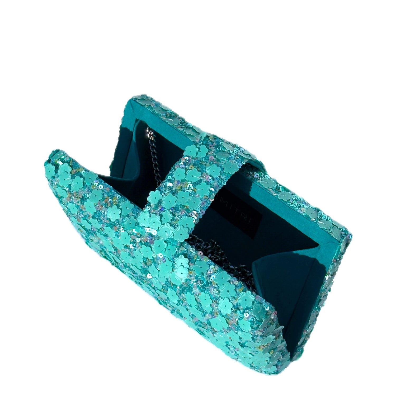Firozi Kitsch Clutch - Turquoise handmade sequin clutch bag with a cross body metal chain