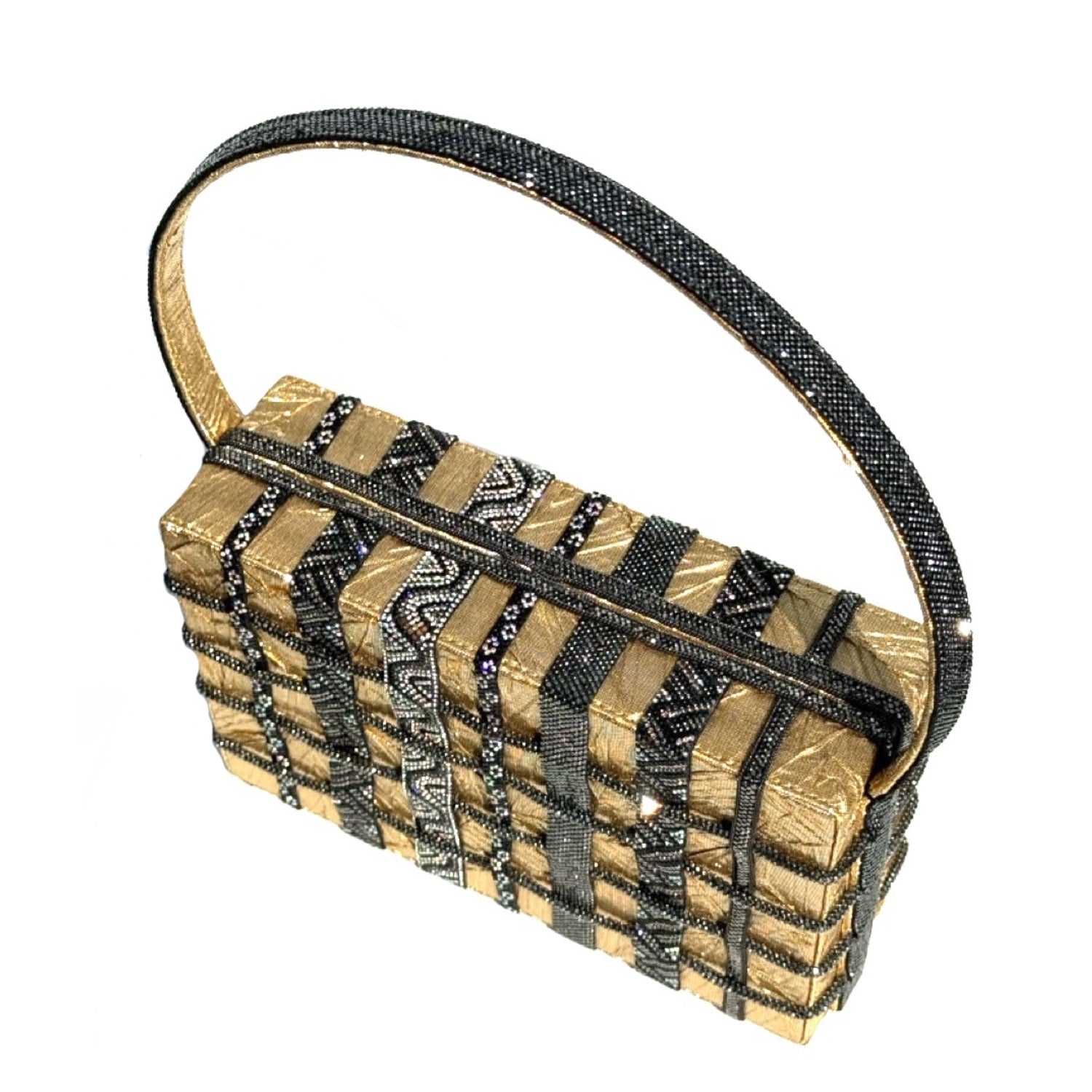 A rectangular evening clutch bag with a textured gold and black geometric pattern, embellished with beaded vertical bands and a curved black beaded handle, shown on a plain white background.