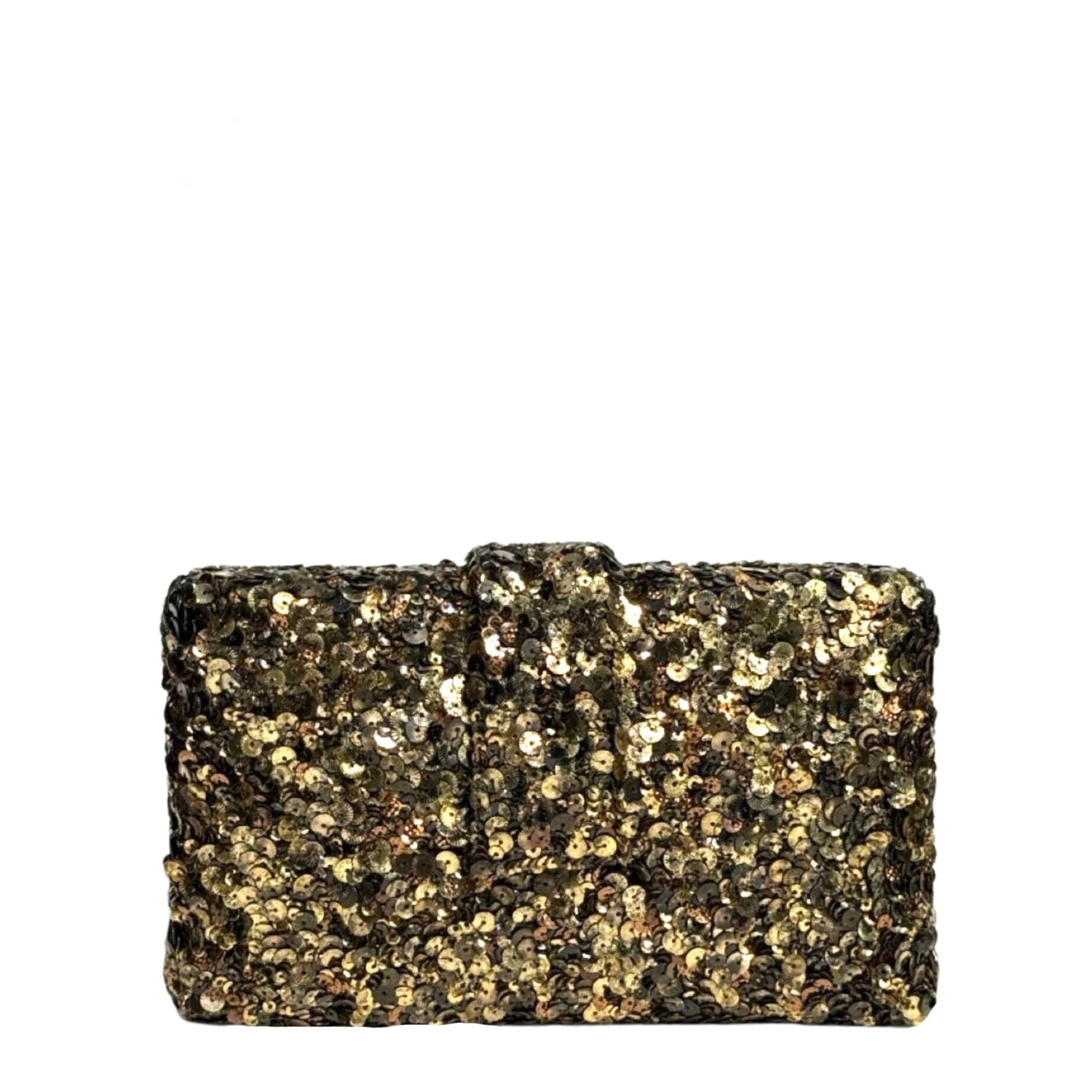 A rectangular clutch bag covered in dense gold sequins, featuring a wrap-around strap closure, shown against a plain white background.