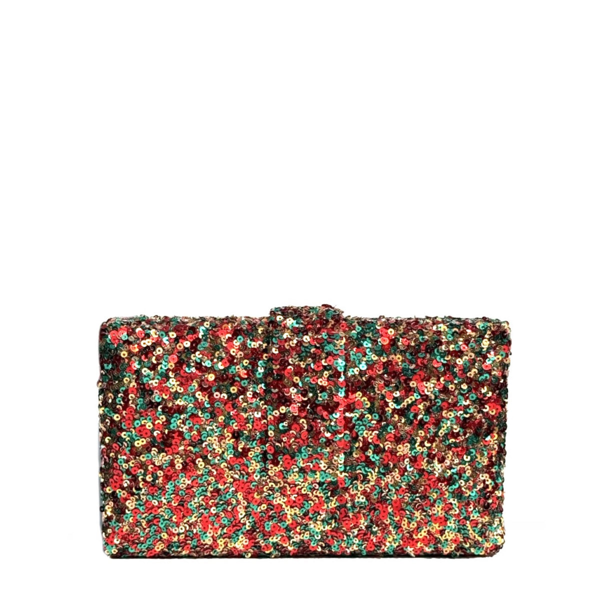 A rectangular clutch bag covered in dense, multicolored sequins, featuring a small top handle, set against a plain white background.