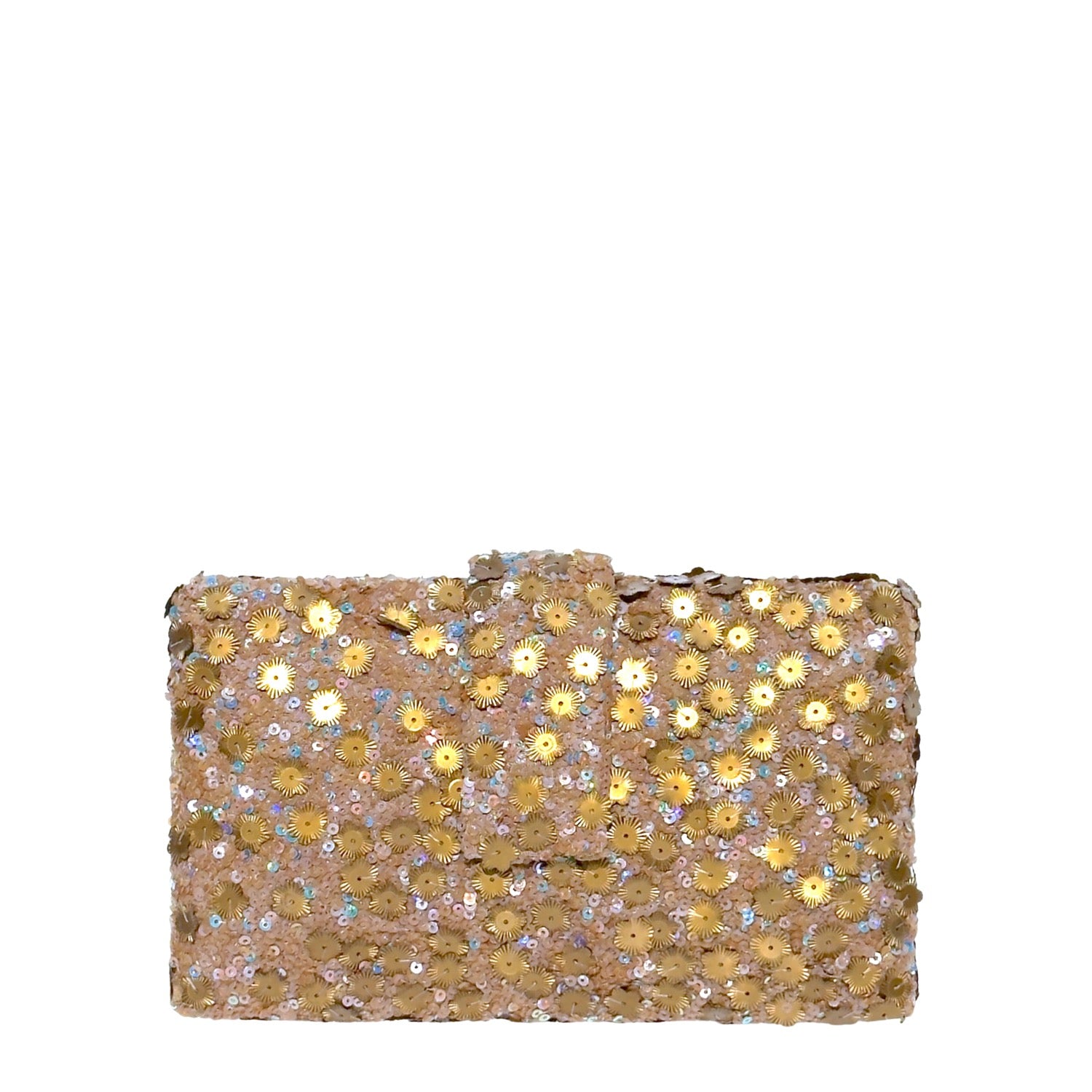 Mahal Kitsch Clutch - Handmade gold sequin clutch bag with cross body metal chain