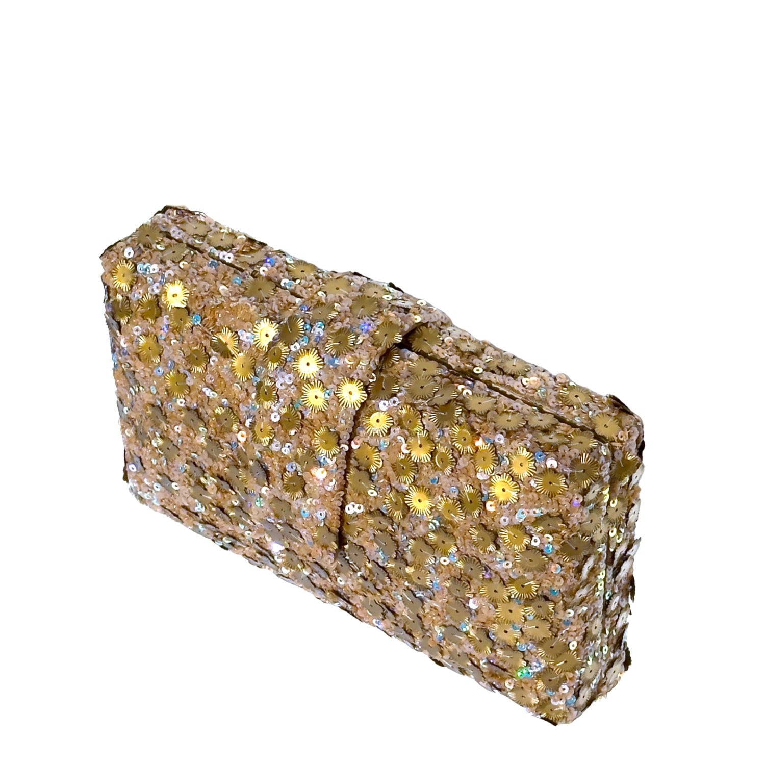 Mahal Kitsch Clutch - Handmade gold sequin clutch bag with cross body metal chain
