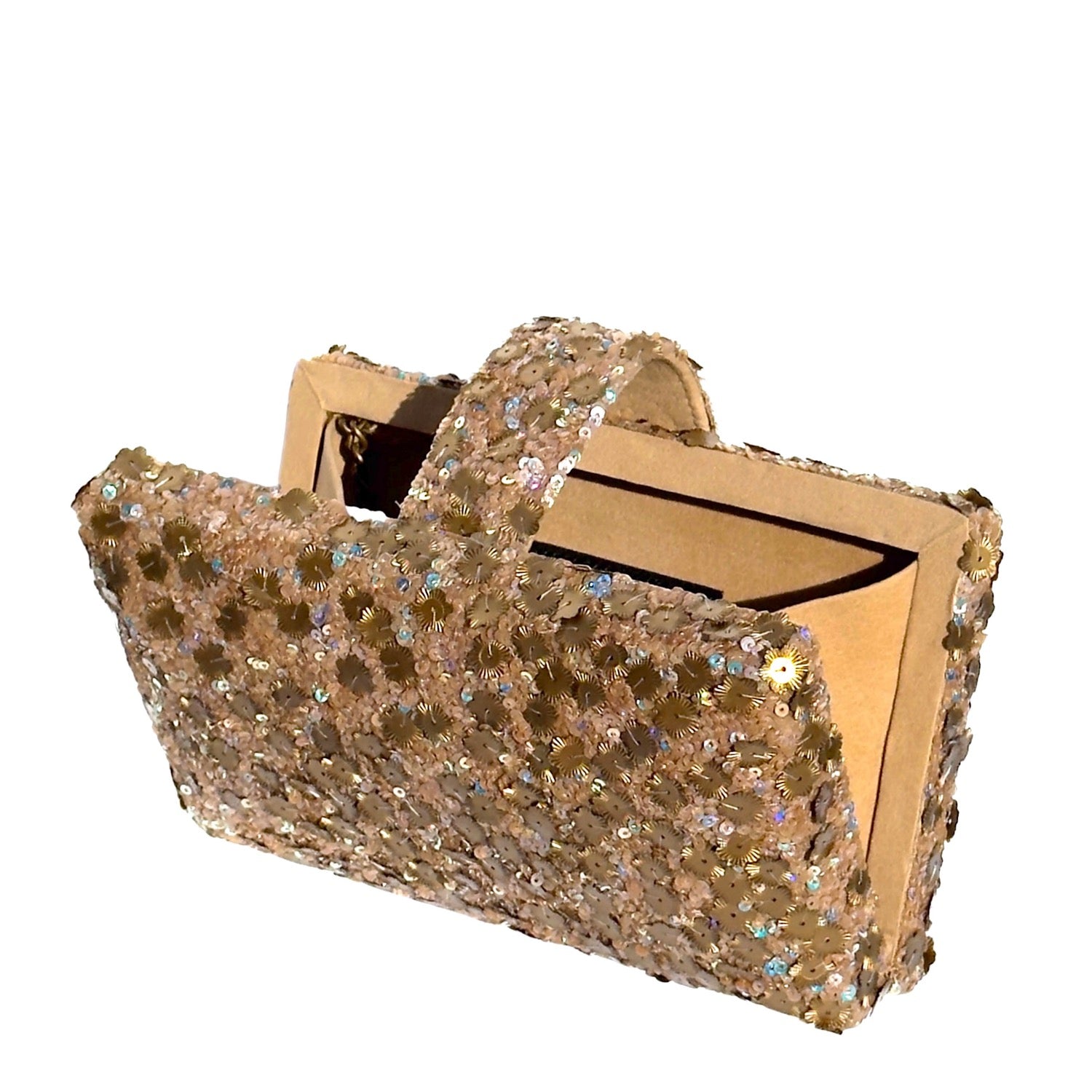 Mahal Kitsch Clutch - Handmade gold sequin clutch bag with cross body metal chain