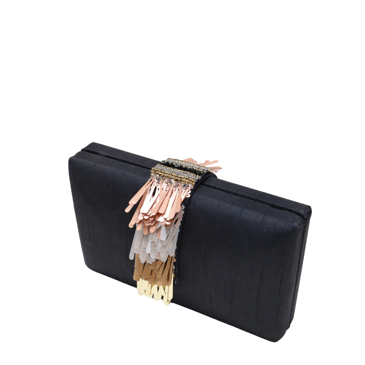 Black hot suede clutch with fringe