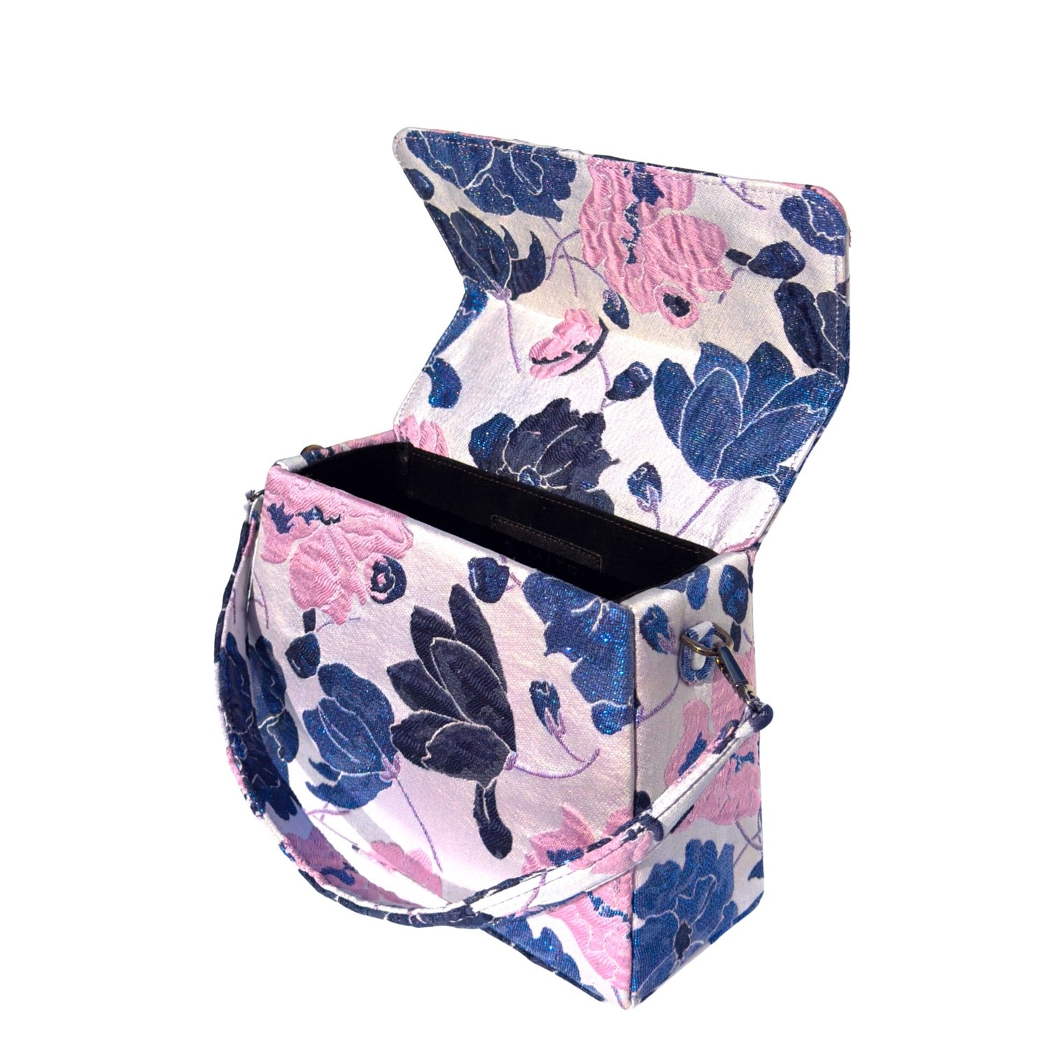 Midnight Wisteria Trapezee Bag - Handmade floral patterned handbag with hand stitched sequins and a hand held strap