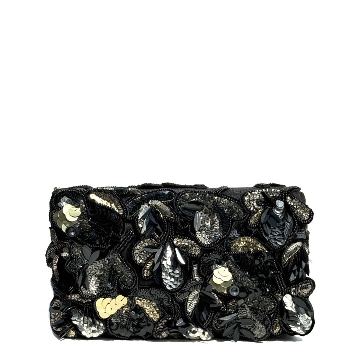 A black sequined clutch bag with 3D floral appliqués and metallic silver and gold sequins, shown against a plain white background.