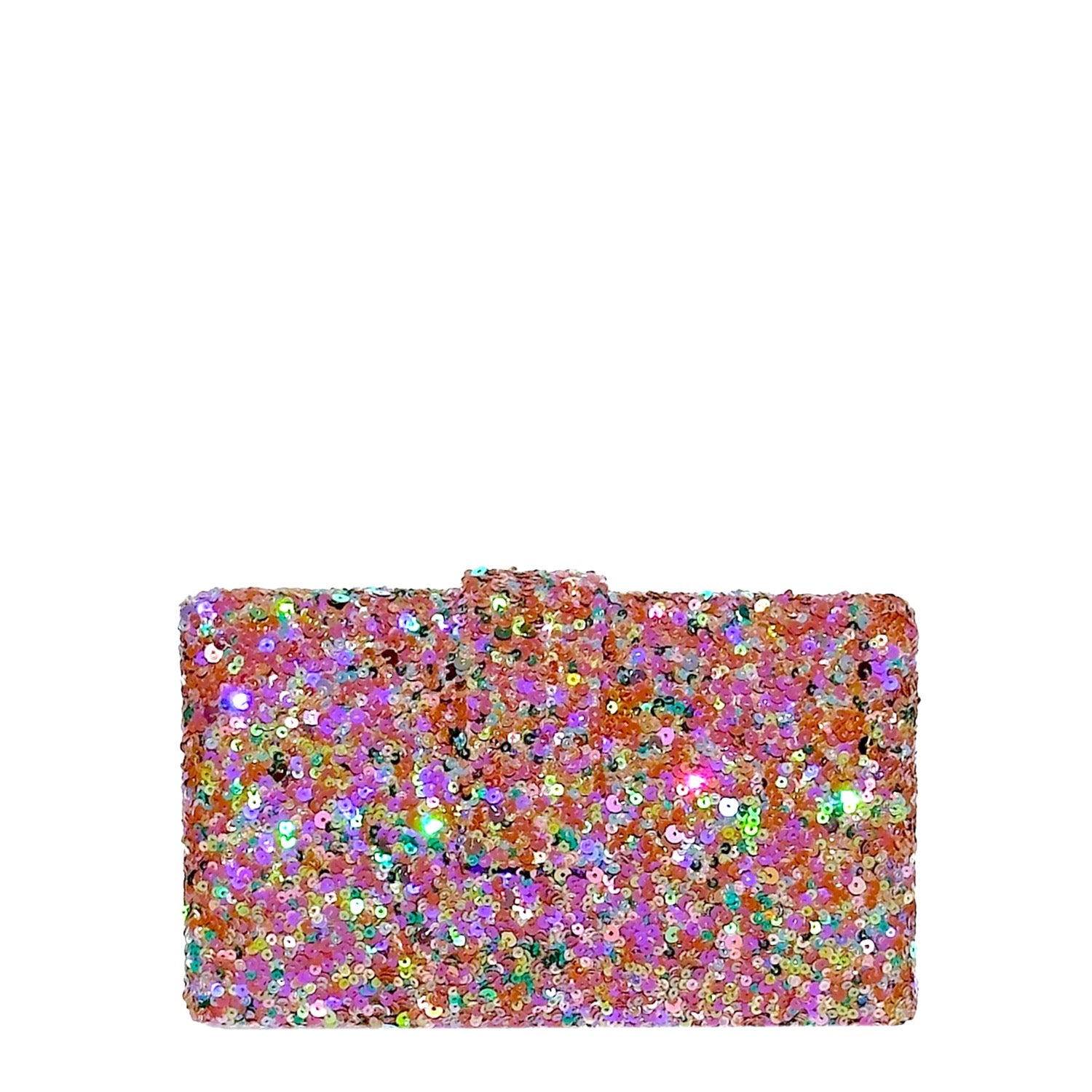 Nola Kitsch Clutch - Handmade purple, green & gold sequin clutch bag with cross body metal chain