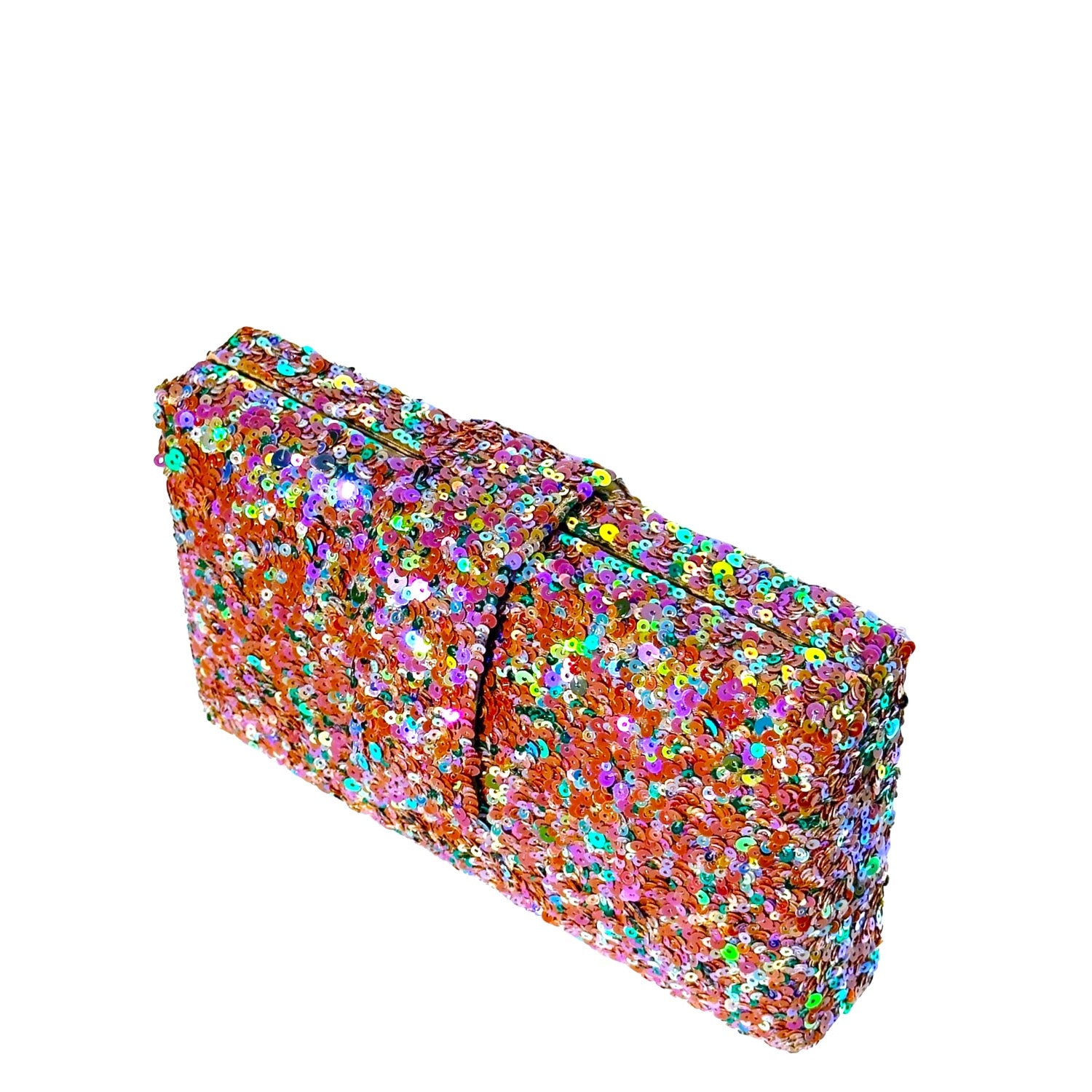 Nola Kitsch Clutch - Handmade purple, green & gold sequin clutch bag with cross body metal chain